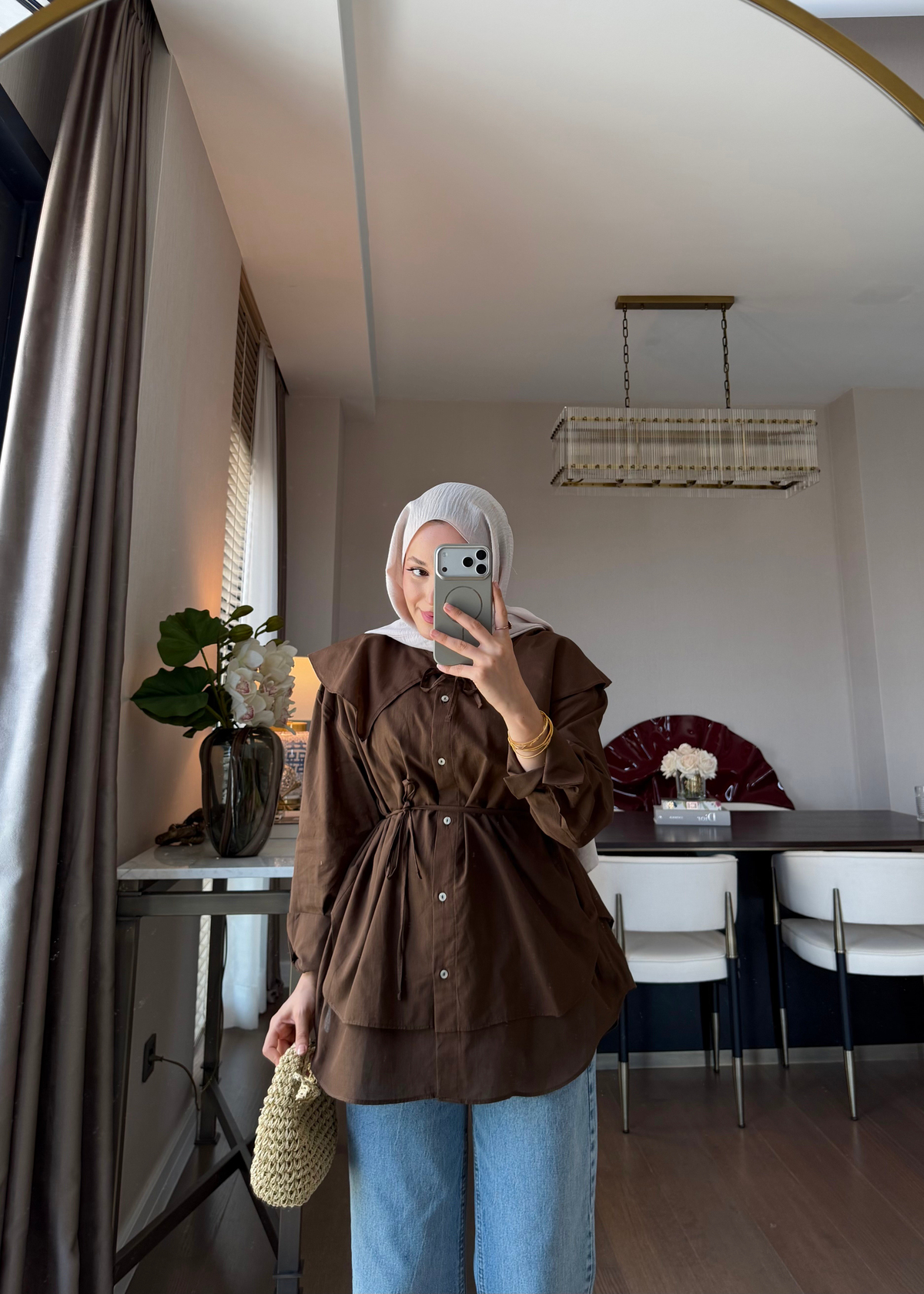Bağlama Detaylı Pamuk Gömlek Kahverengi