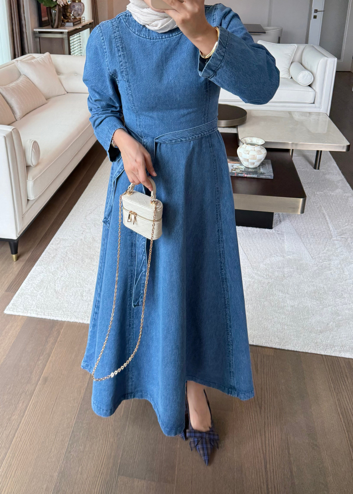 Belden Oturmalı Denim Elbise Mavi