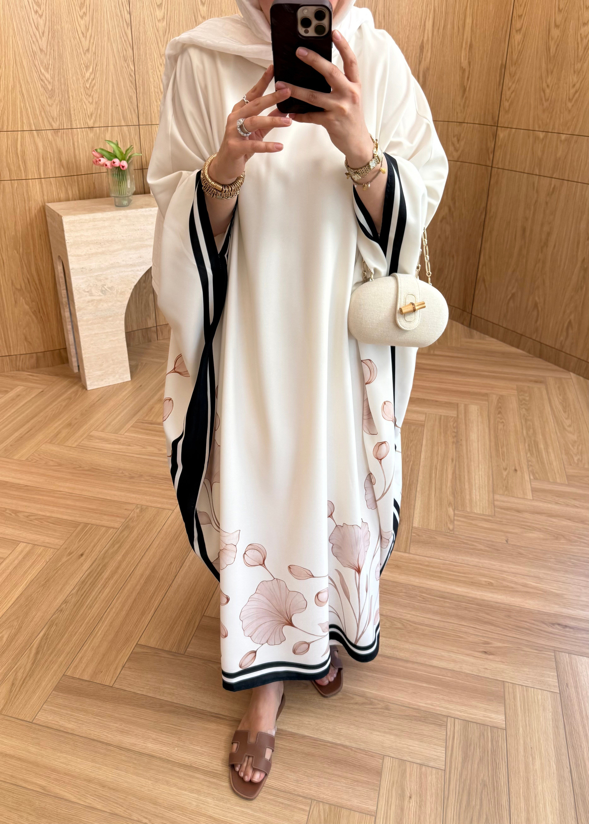 Çiçekli Kaftan Elbise Ekru