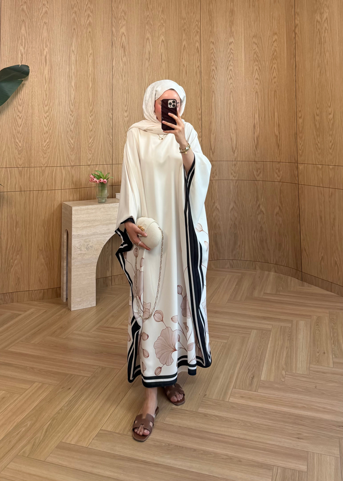 Çiçekli Kaftan Elbise Ekru