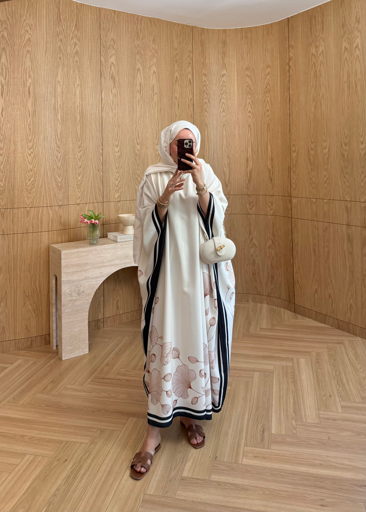 Çiçekli Kaftan Elbise Ekru