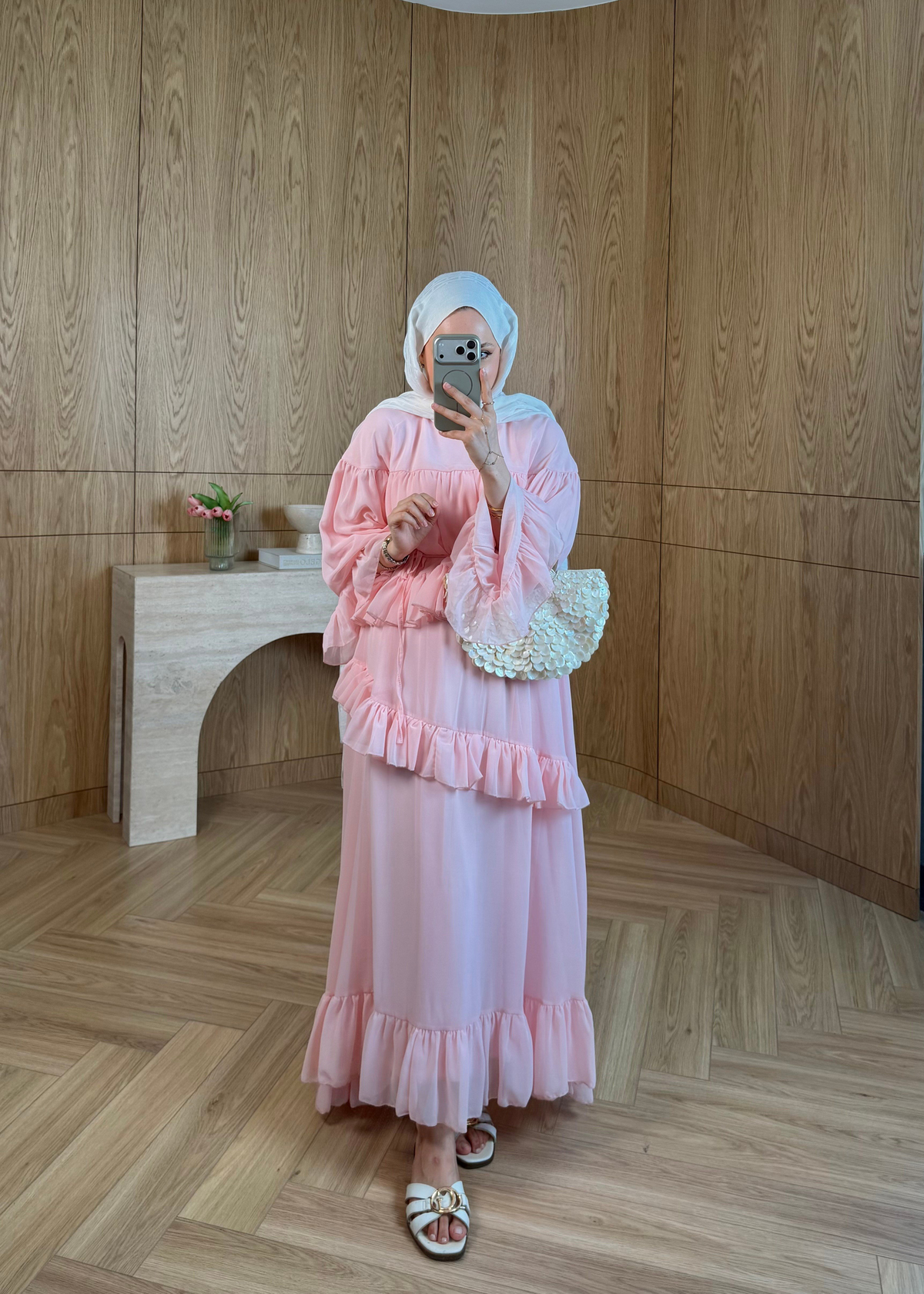 Efsun Fırfırlı Şifon Elbise Pembe