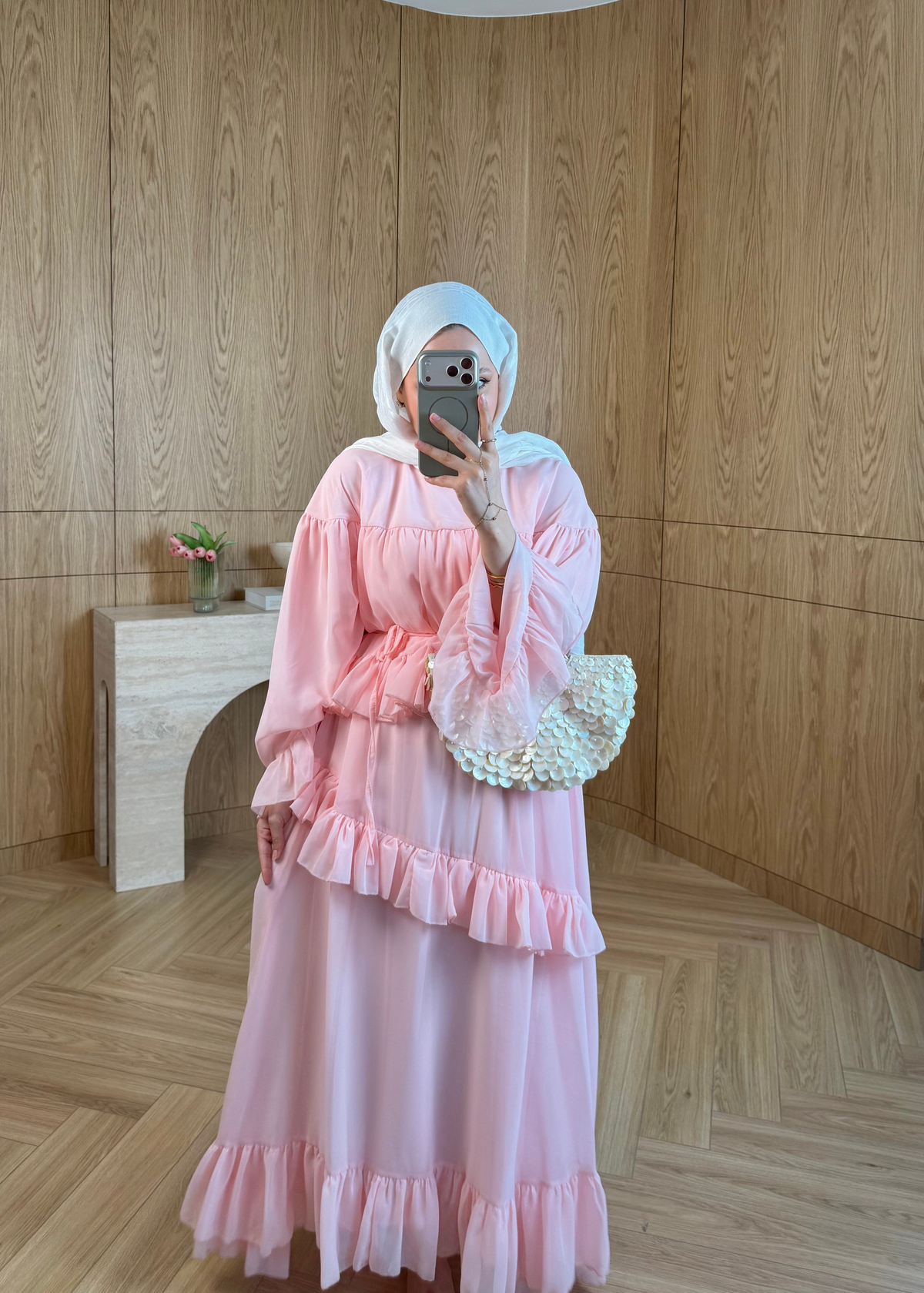 Efsun Fırfırlı Şifon Elbise Pembe
