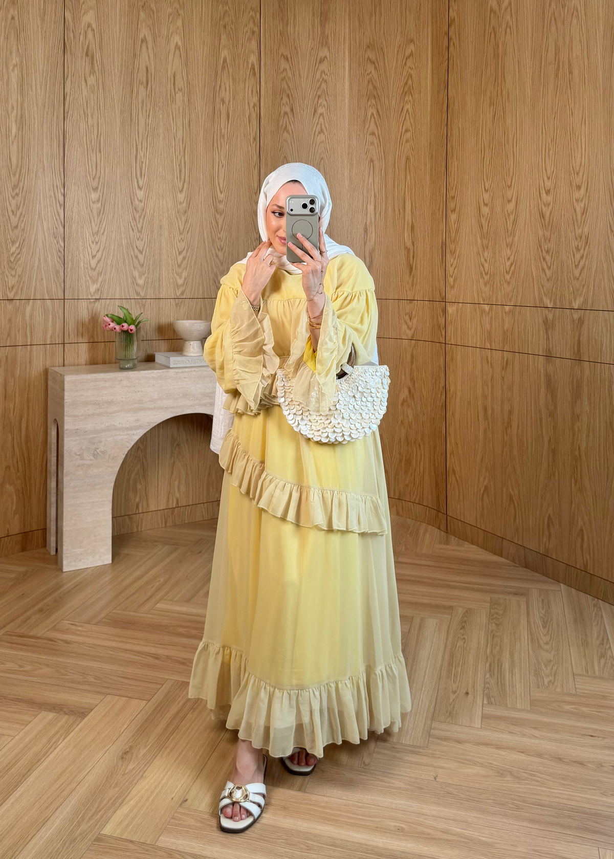 Efsun Fırfırlı Şifon Elbise Sarı