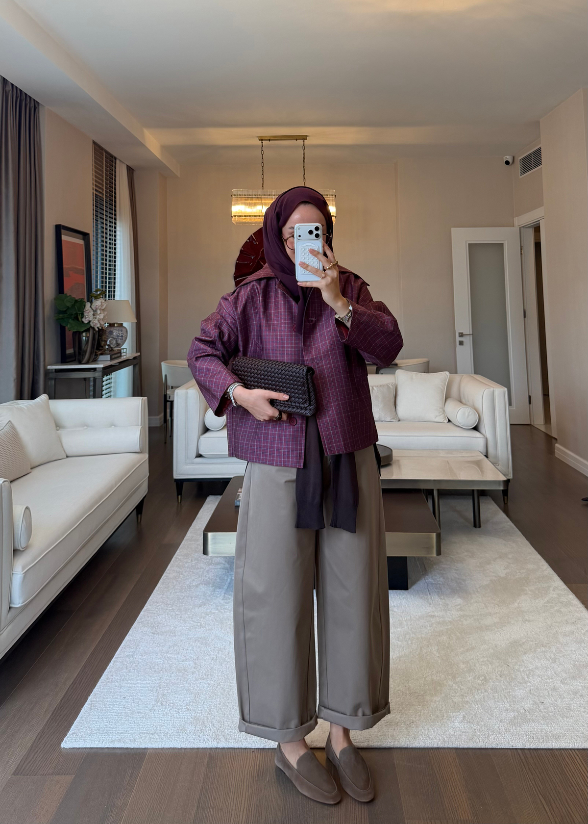 Ekoseli Geniş Yaka Ceket Bordo