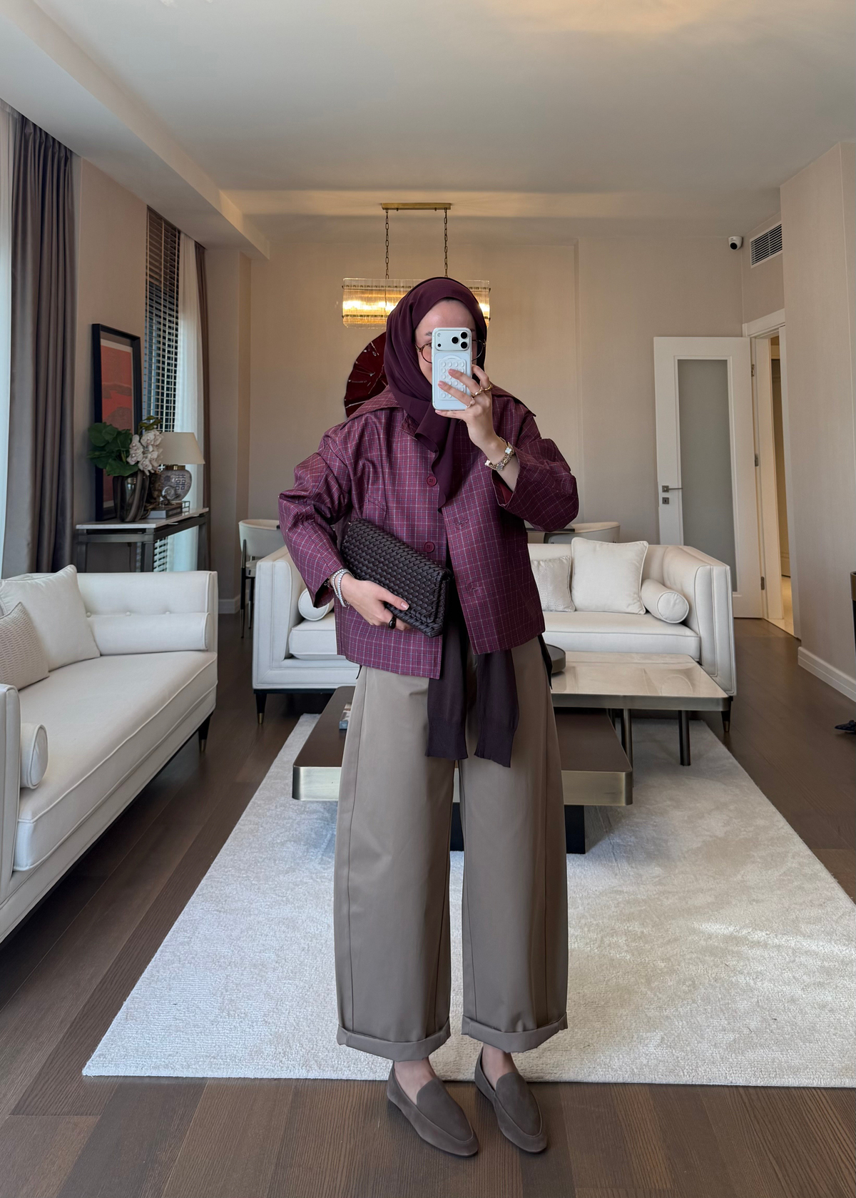 Ekoseli Geniş Yaka Ceket Bordo