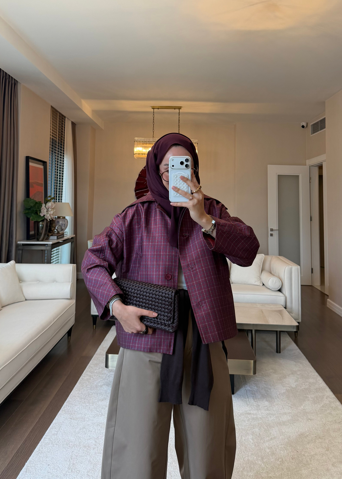 Ekoseli Geniş Yaka Ceket Bordo