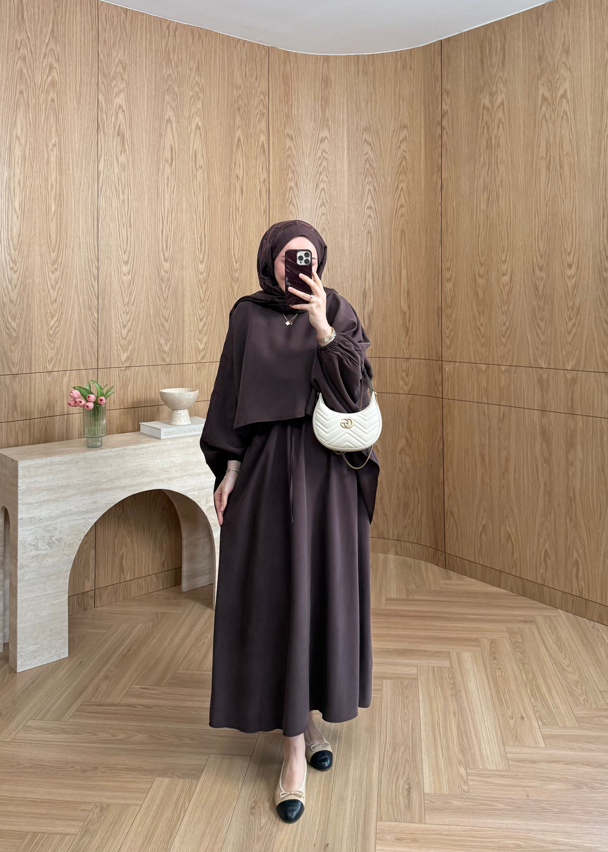 Feral Şal Detaylı Elbise Kahverengi