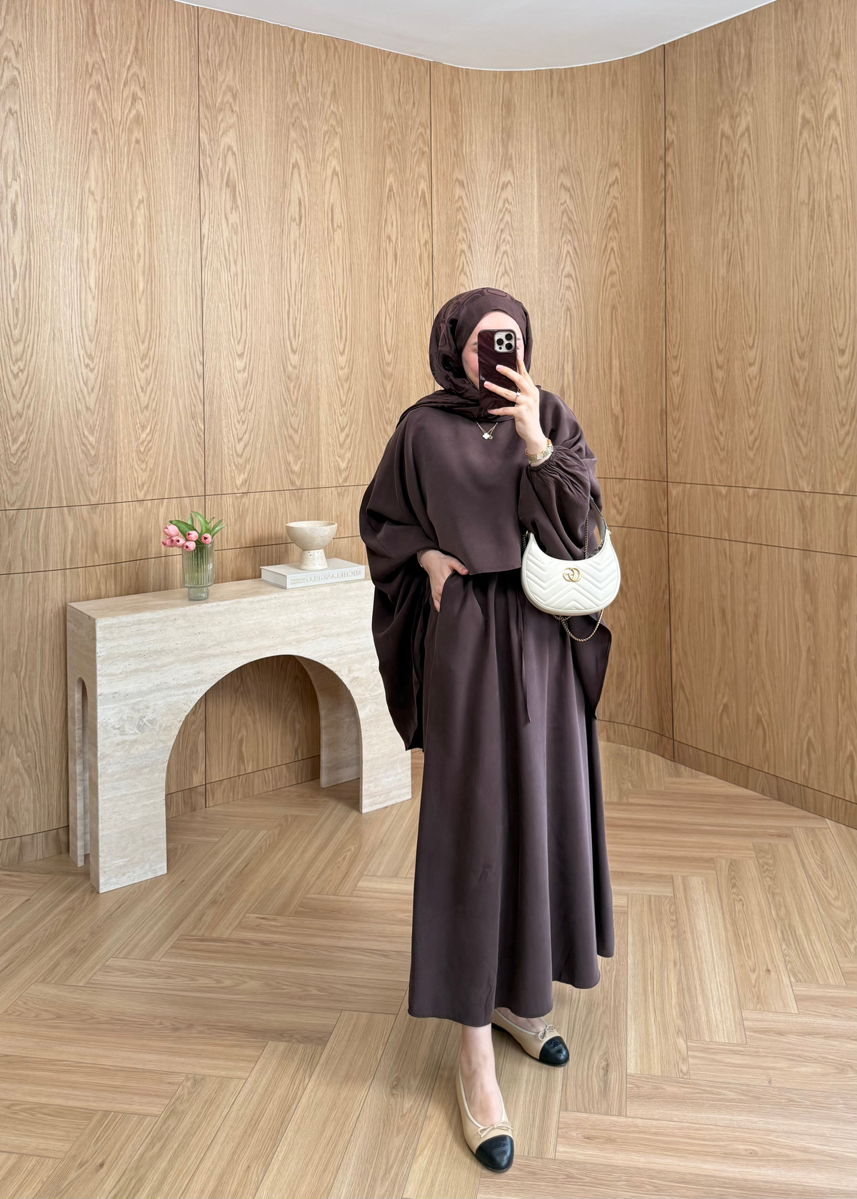Feral Şal Detaylı Elbise Kahverengi