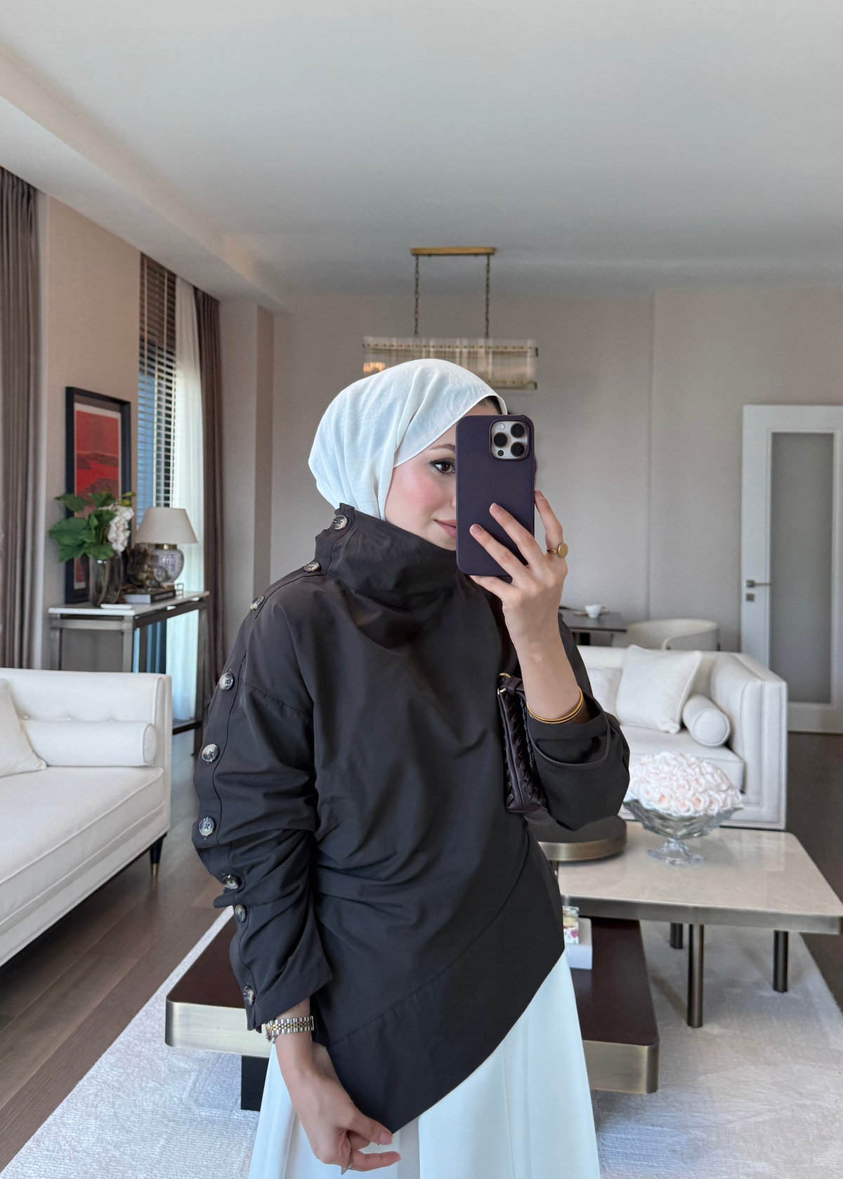 Kolu Düğme Detaylı Asimetrik Bluz Acı Kahve