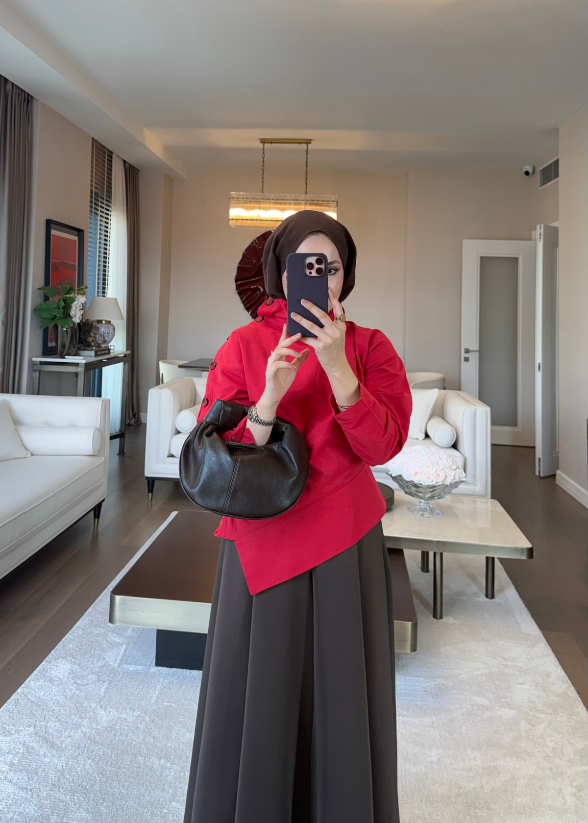 Kolu Düğme Detaylı Asimetrik Bluz Kırmızı