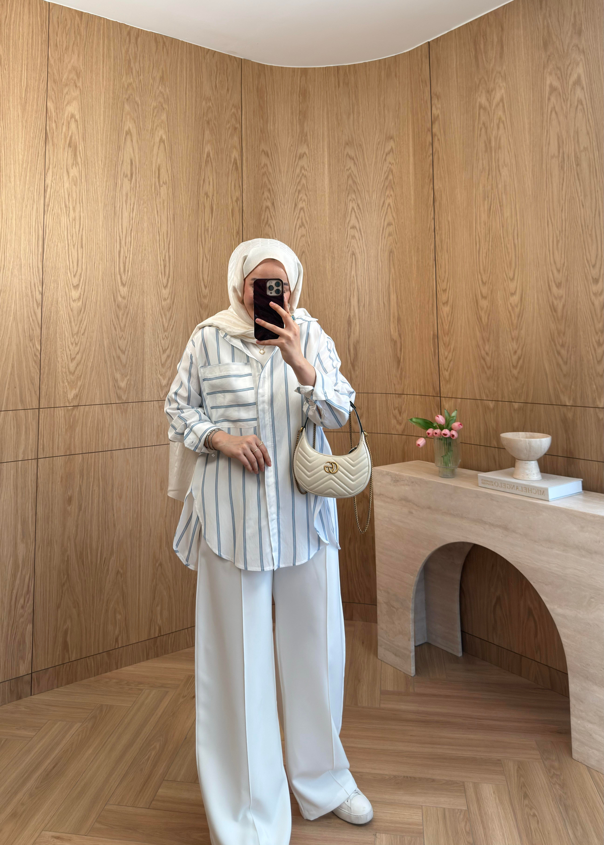 Lora Çizgili Oversize Gömlek Ekru 