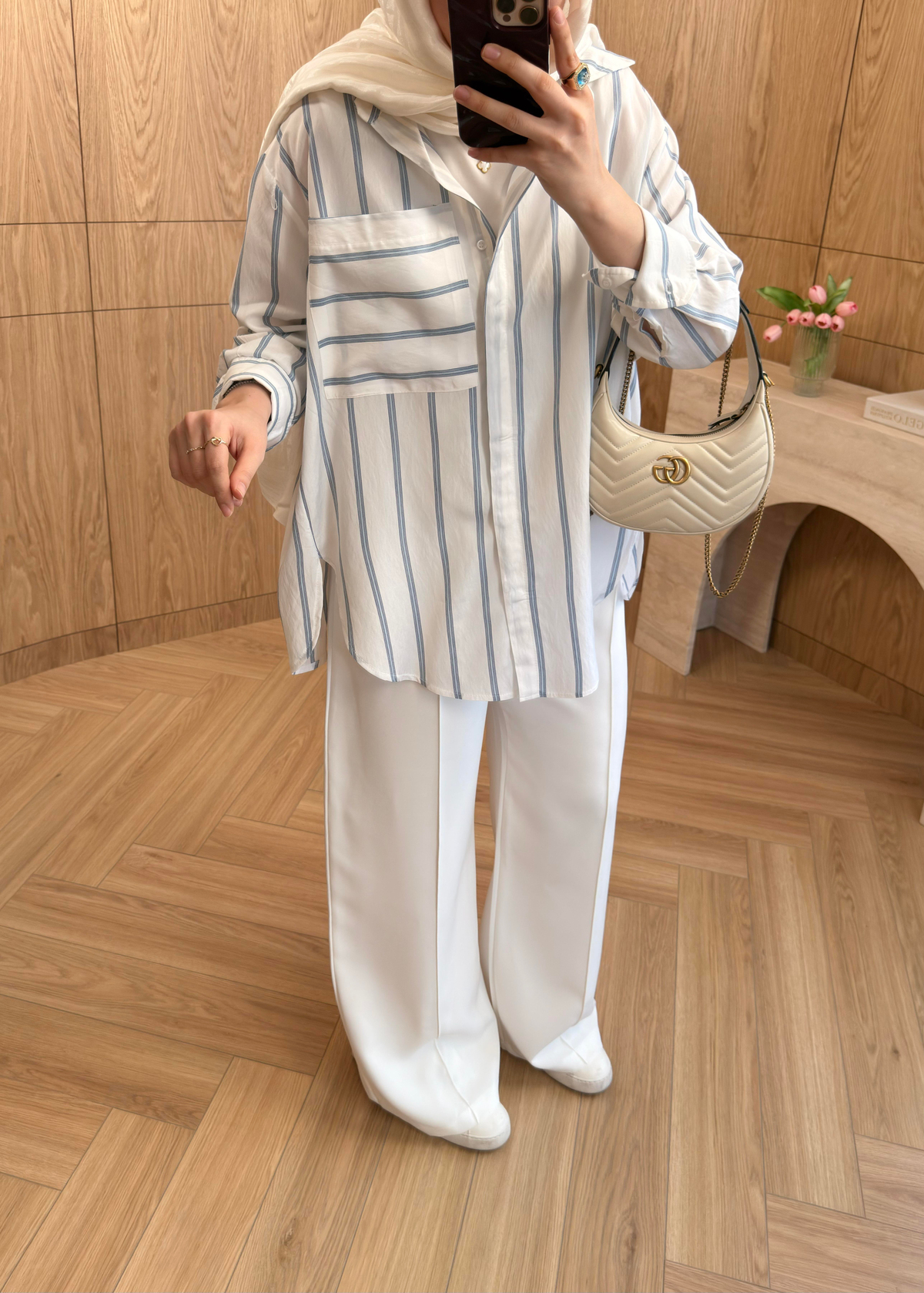 Lora Çizgili Oversize Gömlek Ekru 