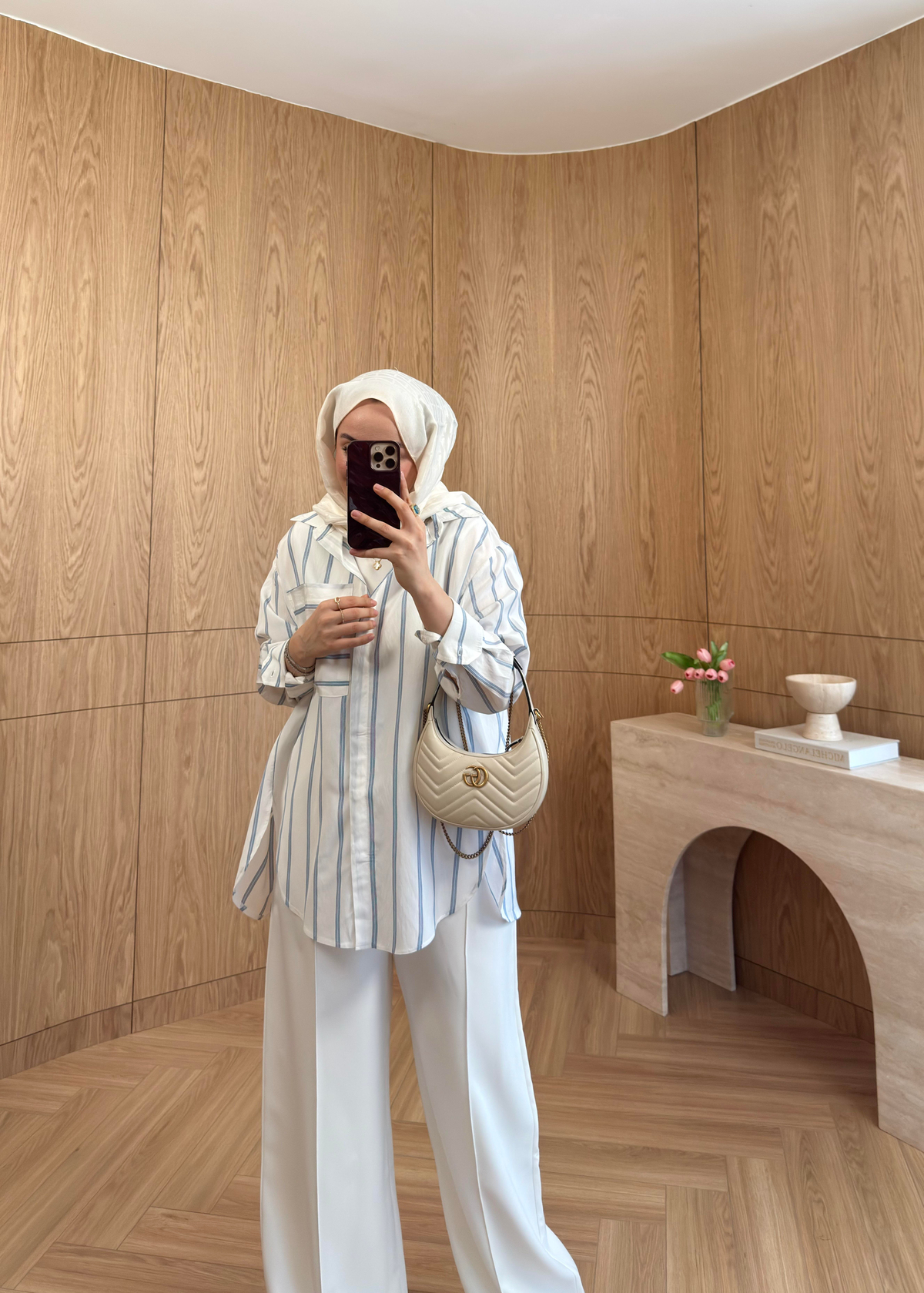 Lora Çizgili Oversize Gömlek Ekru 