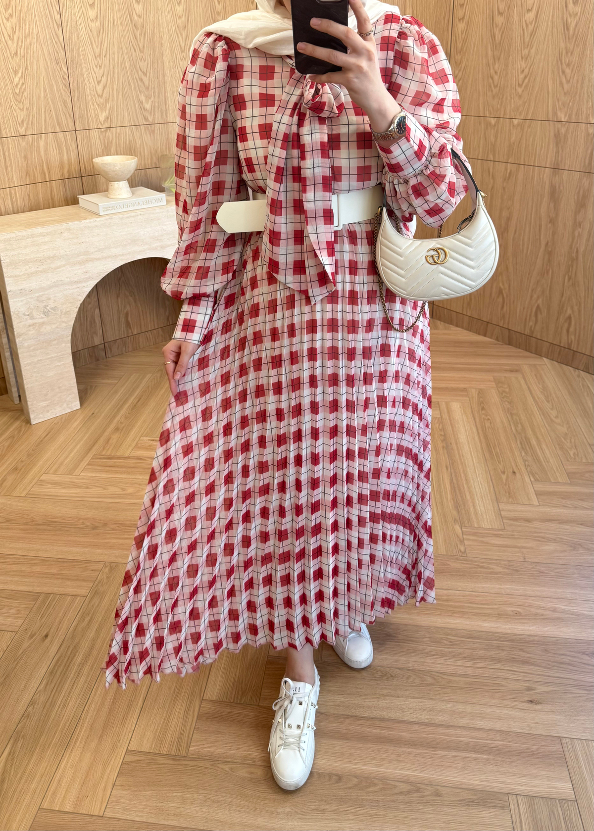 Miori Ekose Şifon Elbise Kırmızı