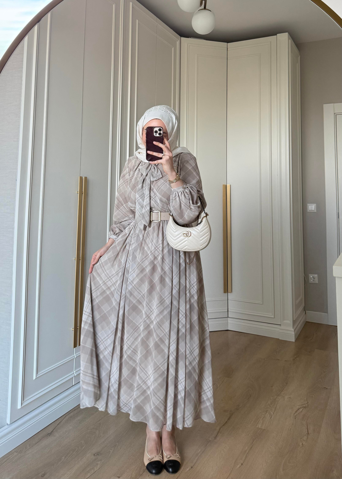 Mira Ekose Desenli Elbise Bej