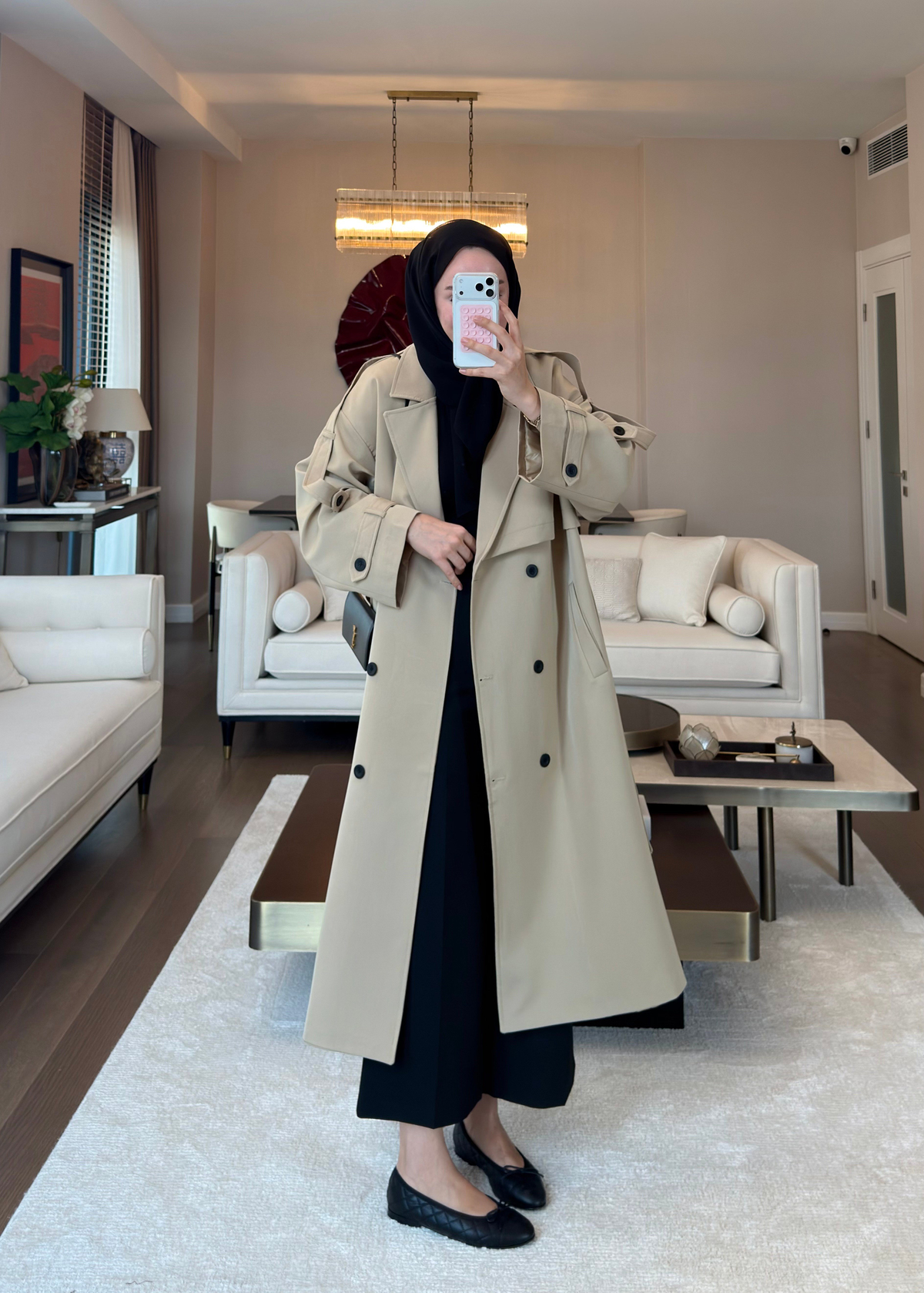 Oversize Düğmeli Kruvaze Trençkot Taş