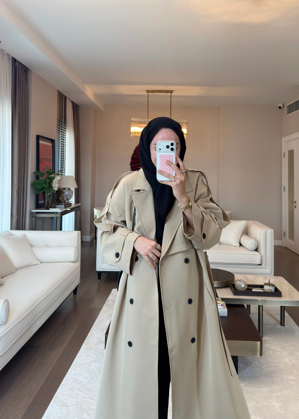 Oversize Düğmeli Kruvaze Trençkot Taş