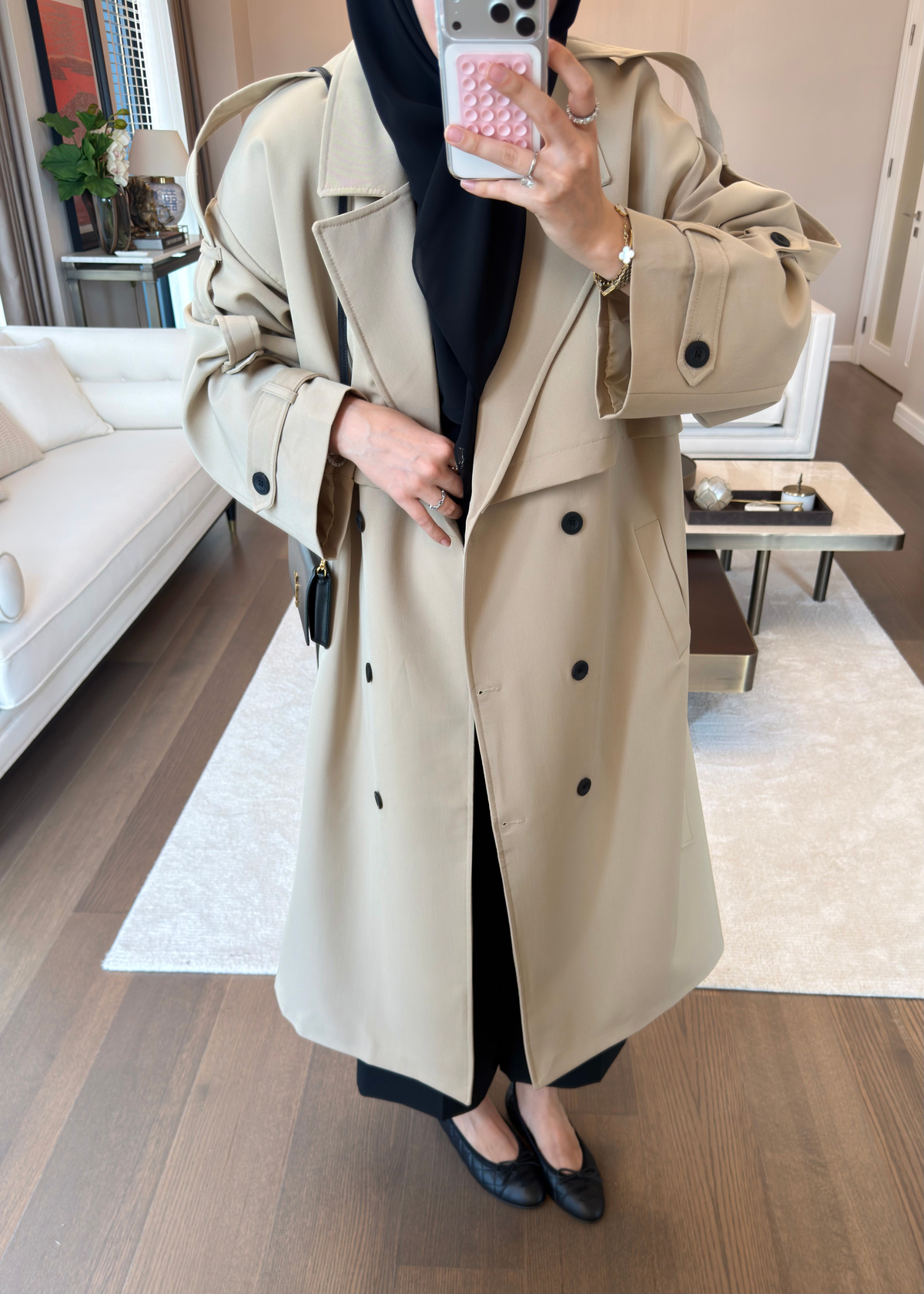 Oversize Düğmeli Kruvaze Trençkot Taş
