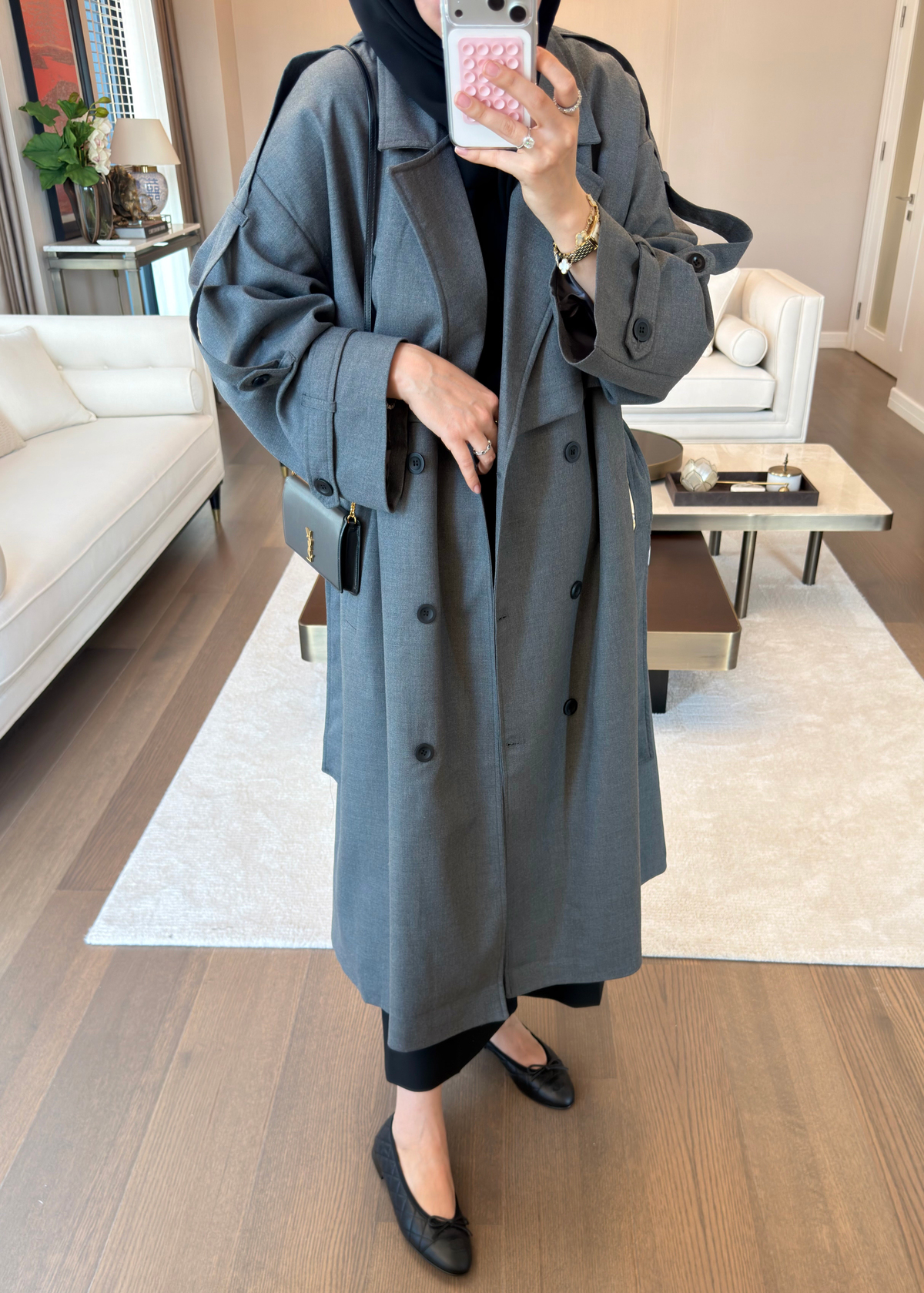 Oversize Düğmeli Kruvaze Trençkot Gri