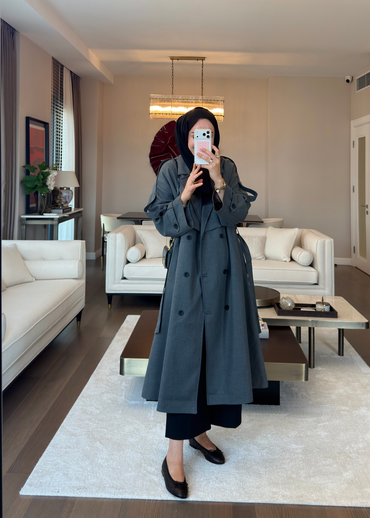 Oversize Düğmeli Kruvaze Trençkot Gri