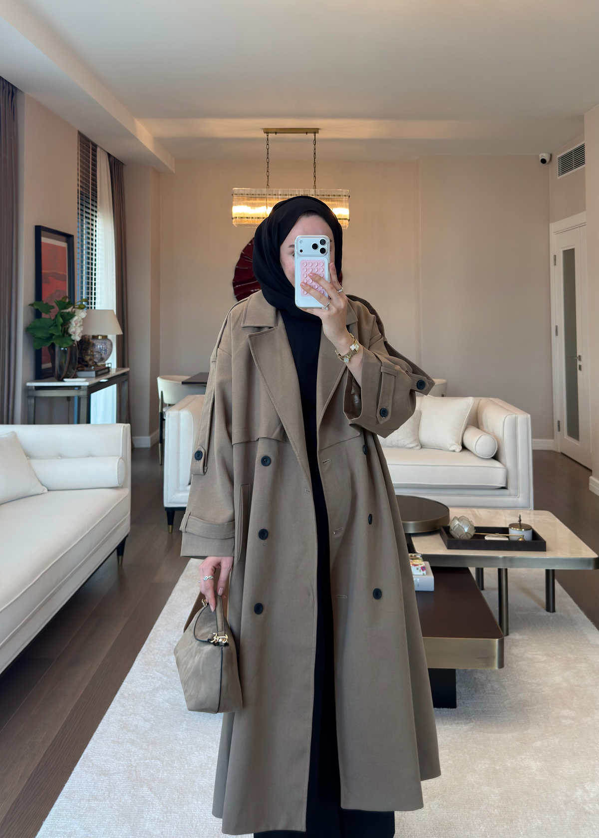 Oversize Düğmeli Kruvaze Trençkot Karamel