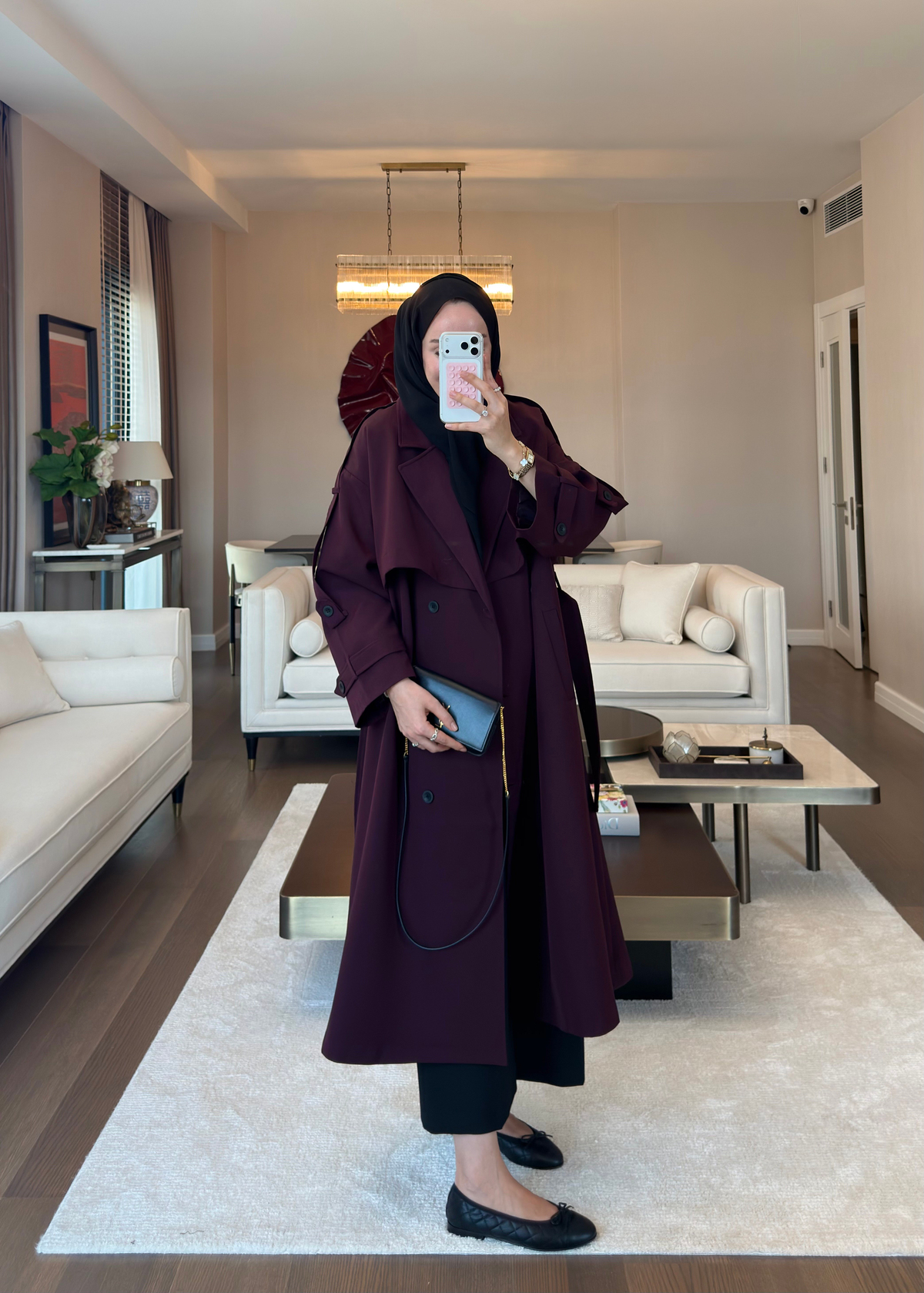 Oversize Düğmeli Kruvaze Trençkot Mürdüm