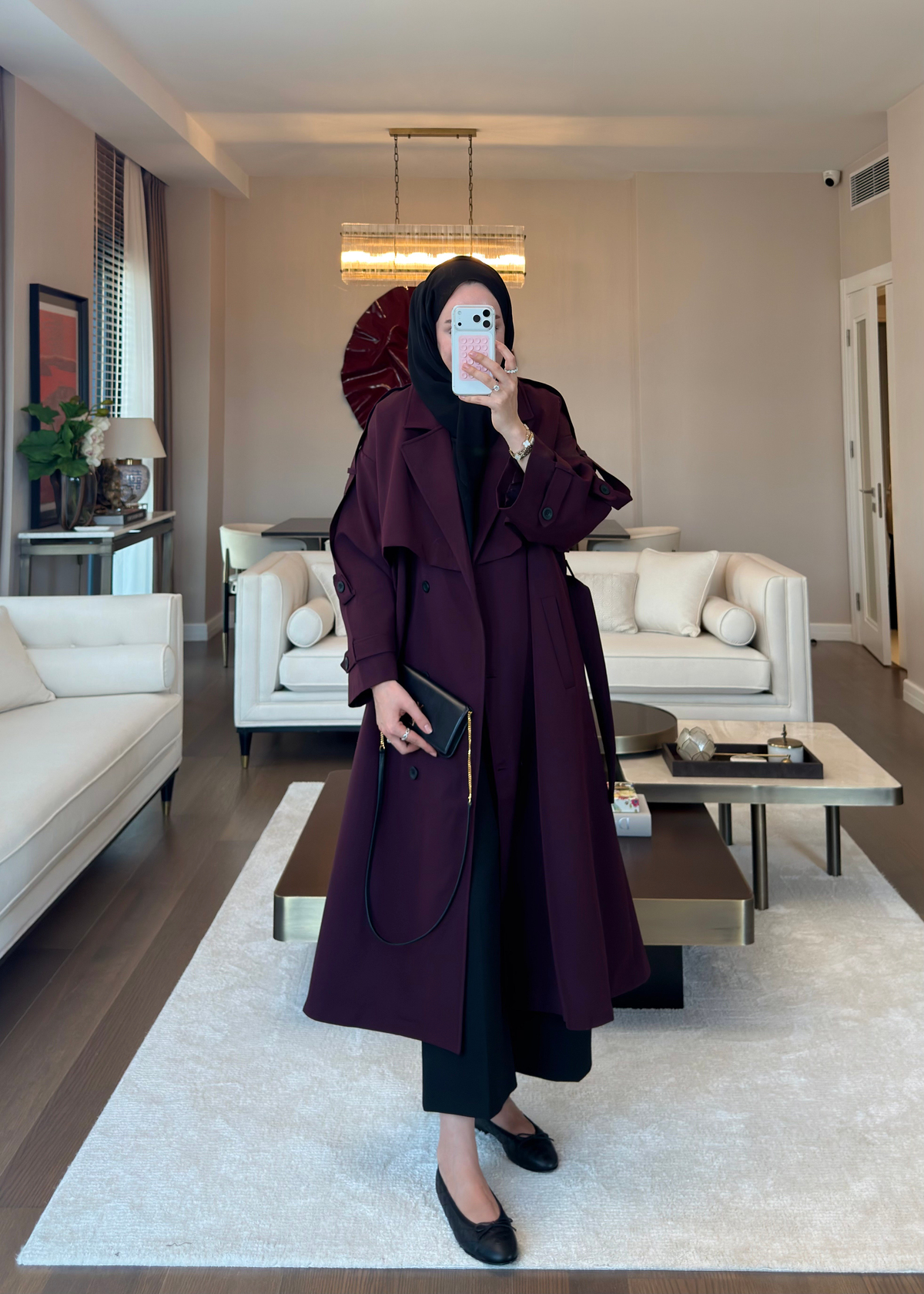 Oversize Düğmeli Kruvaze Trençkot Mürdüm