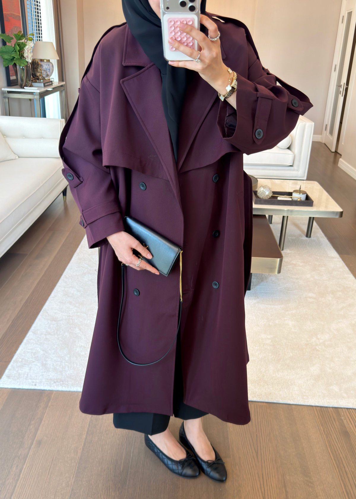 Oversize Düğmeli Kruvaze Trençkot Mürdüm
