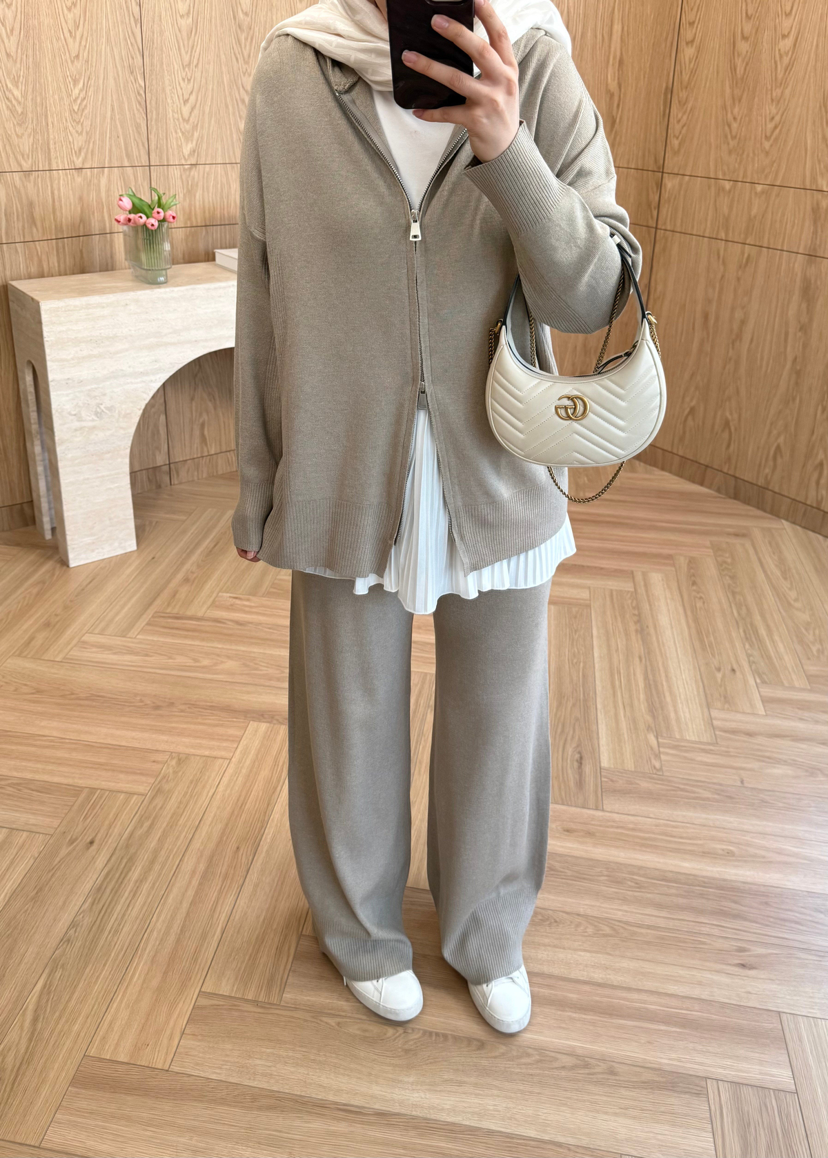 Premium Fermuarlı Triko Takım Vizon