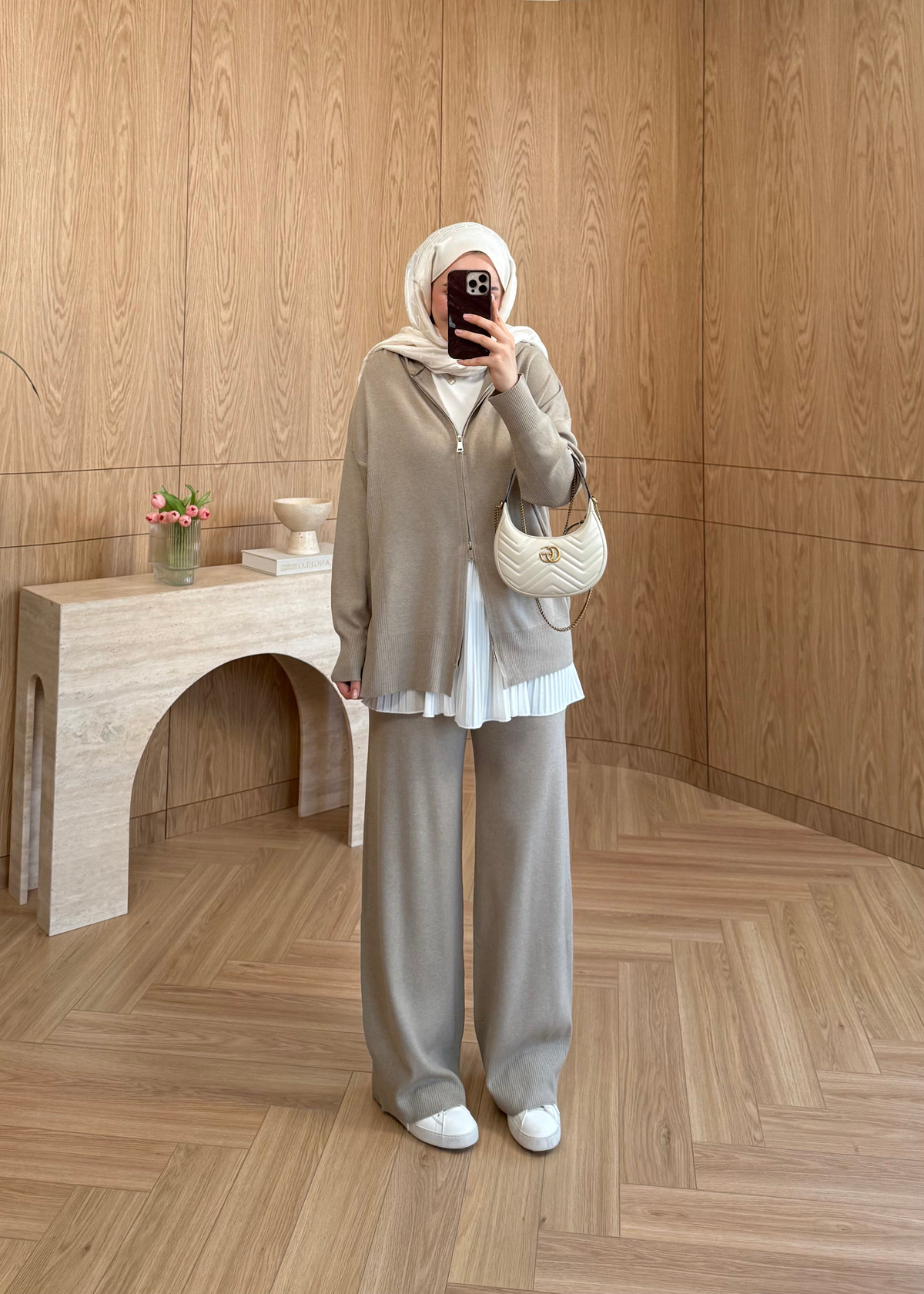 Premium Fermuarlı Triko Takım Vizon