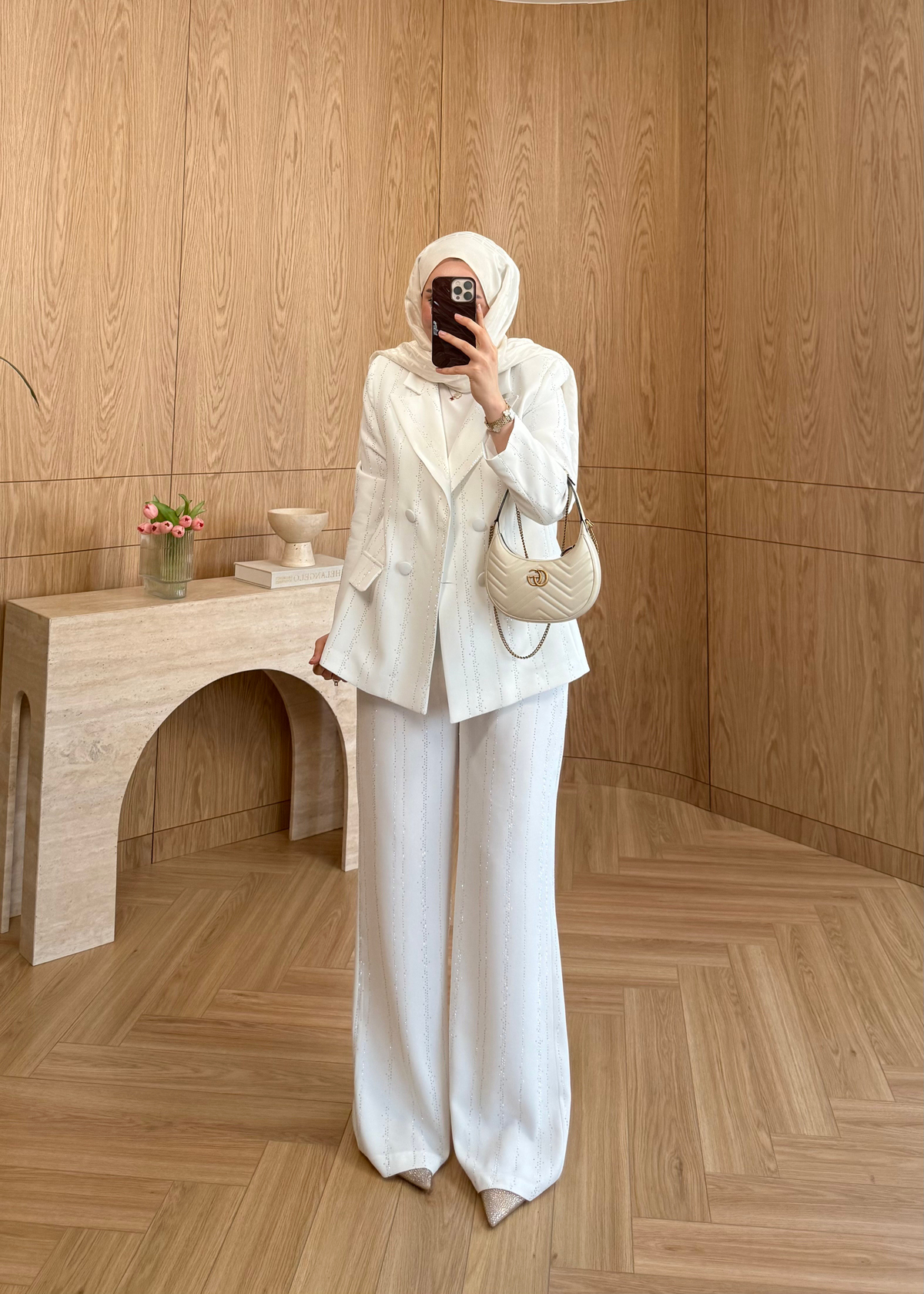 Premium Taş Şeritli Blazer Takım Ekru  