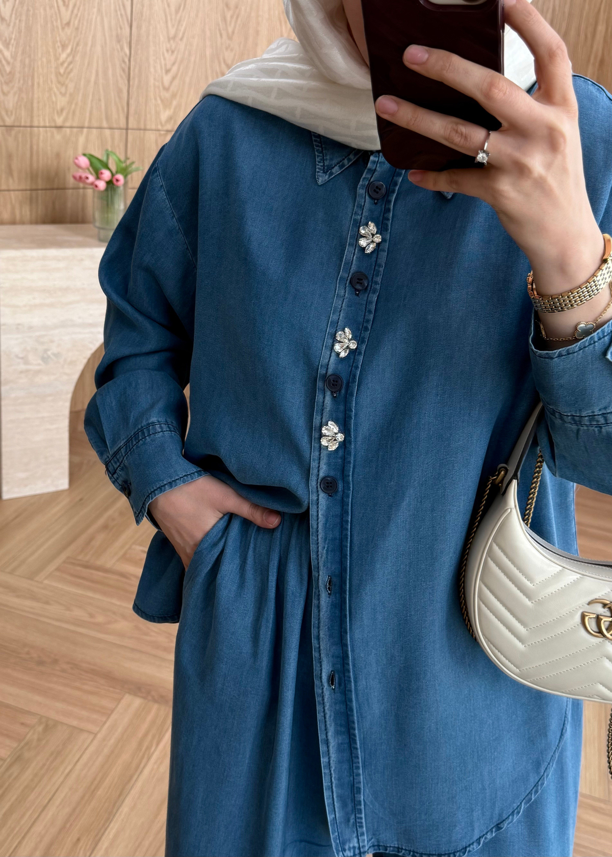 Premium Taşlı Tensel Denim Takım