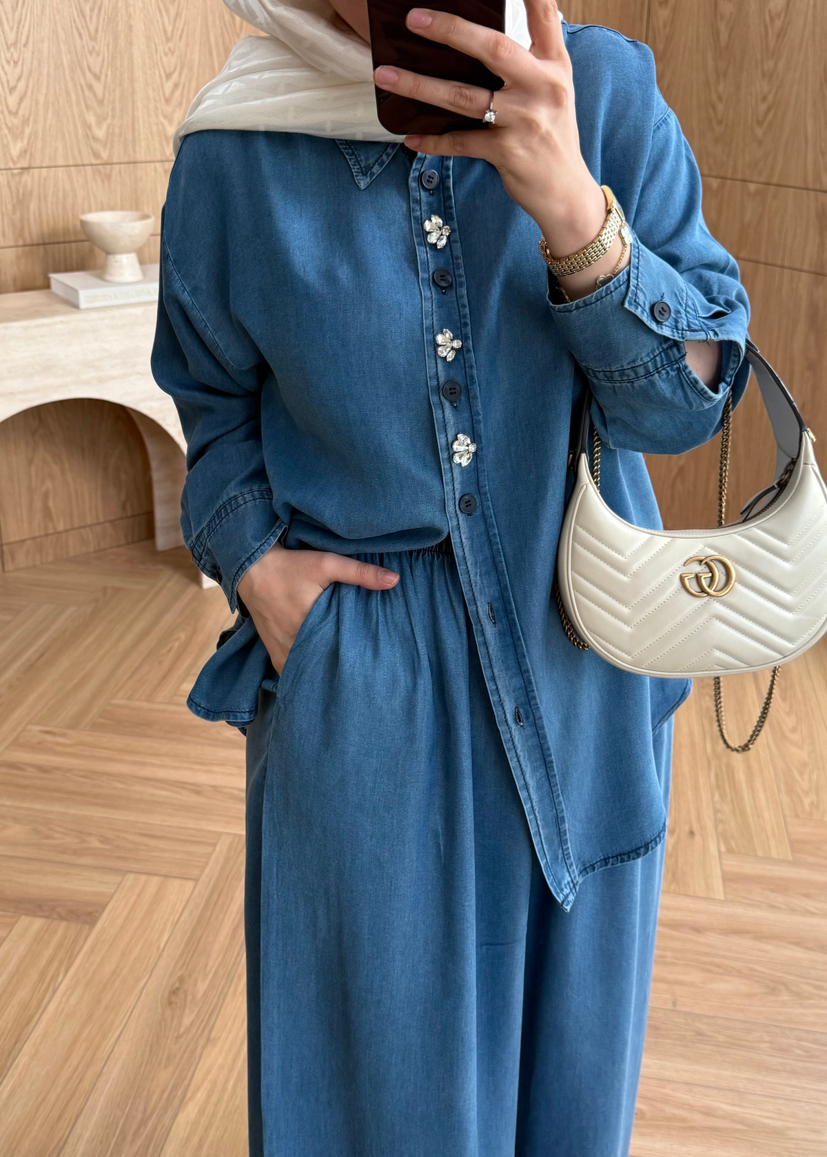 Premium Taşlı Tensel Denim Takım