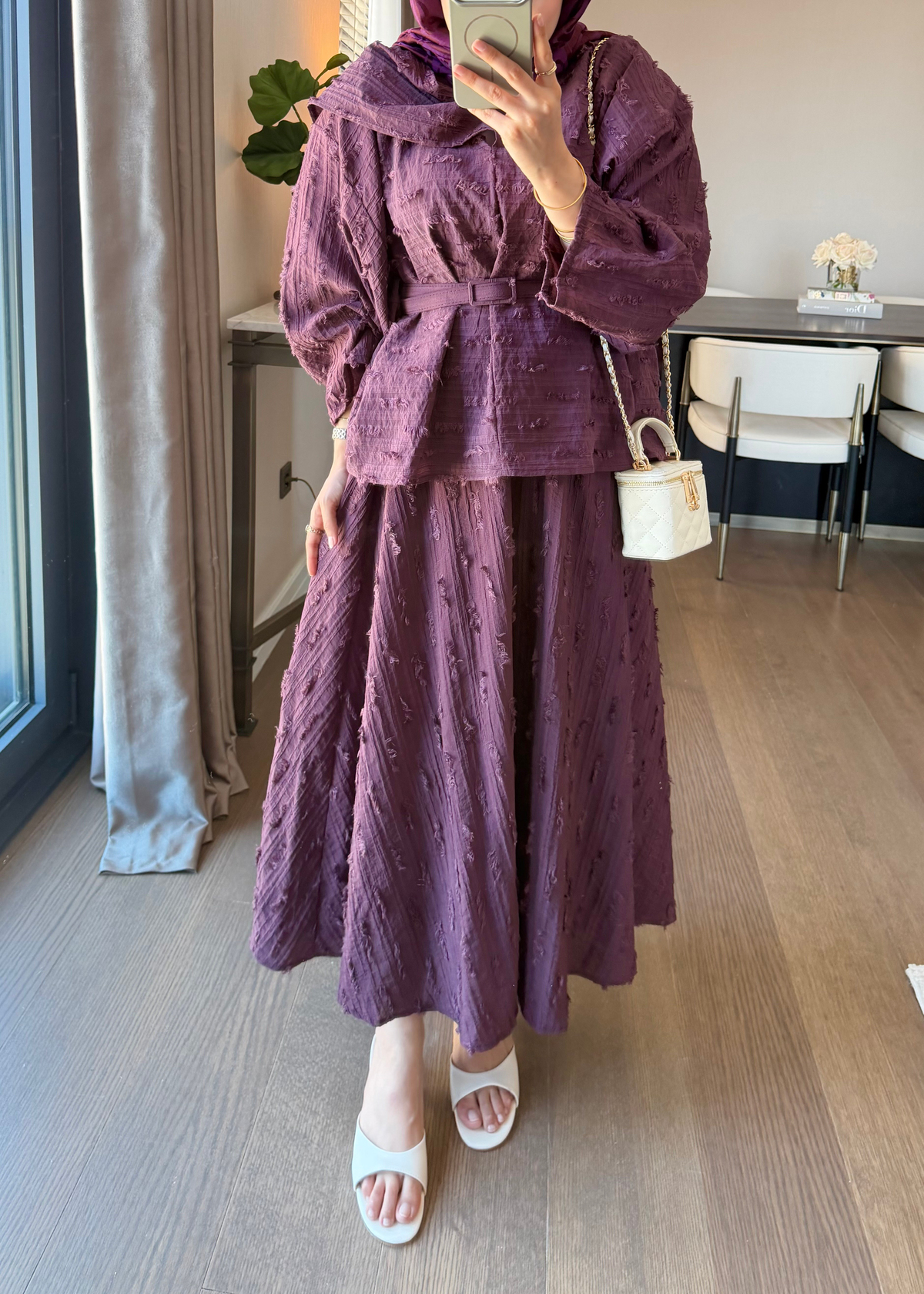 Püsküllü Dokuma Kumaş İkili Takım Burgundy