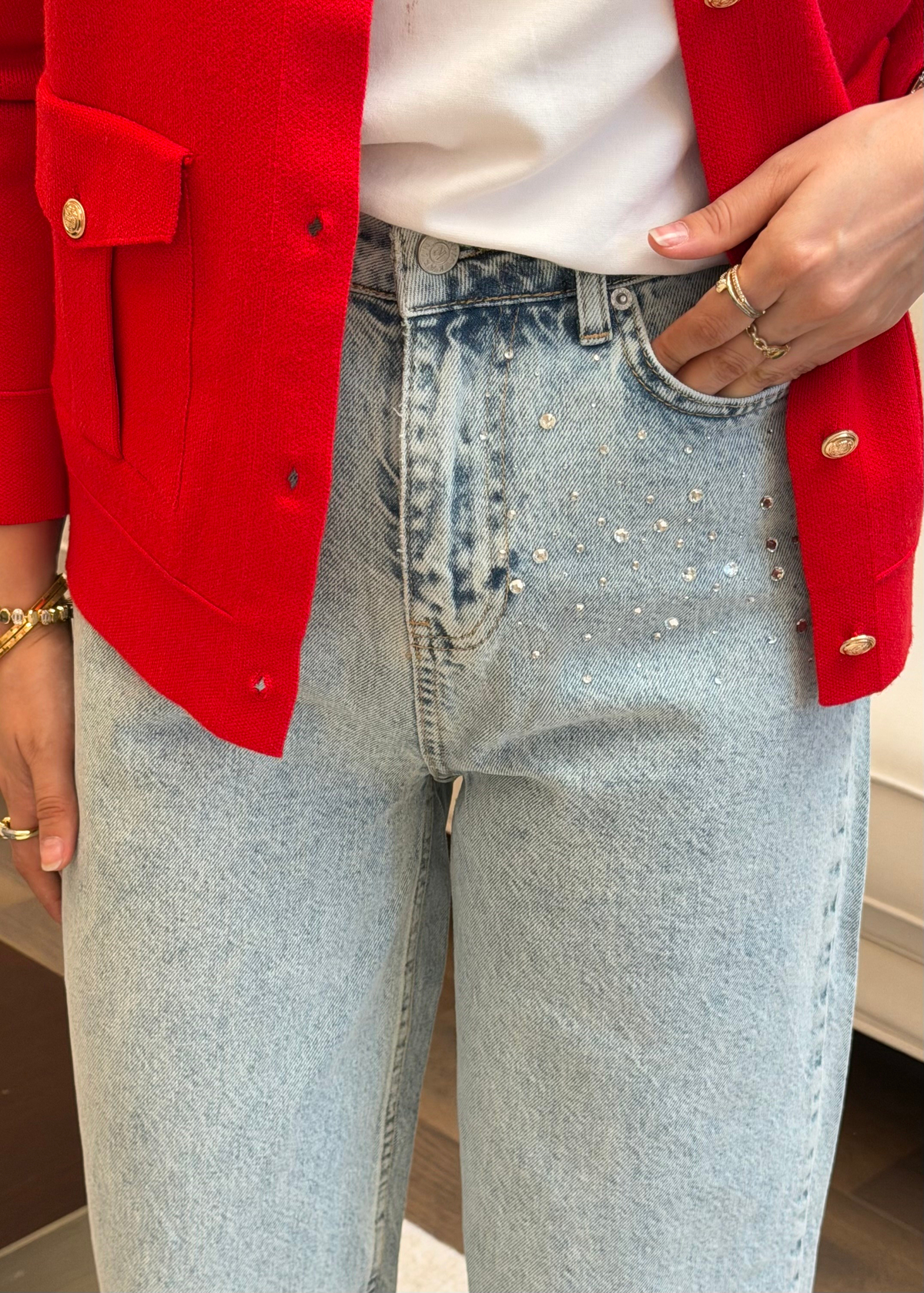 Taş Süslemeli Barrel Denim Pantolon