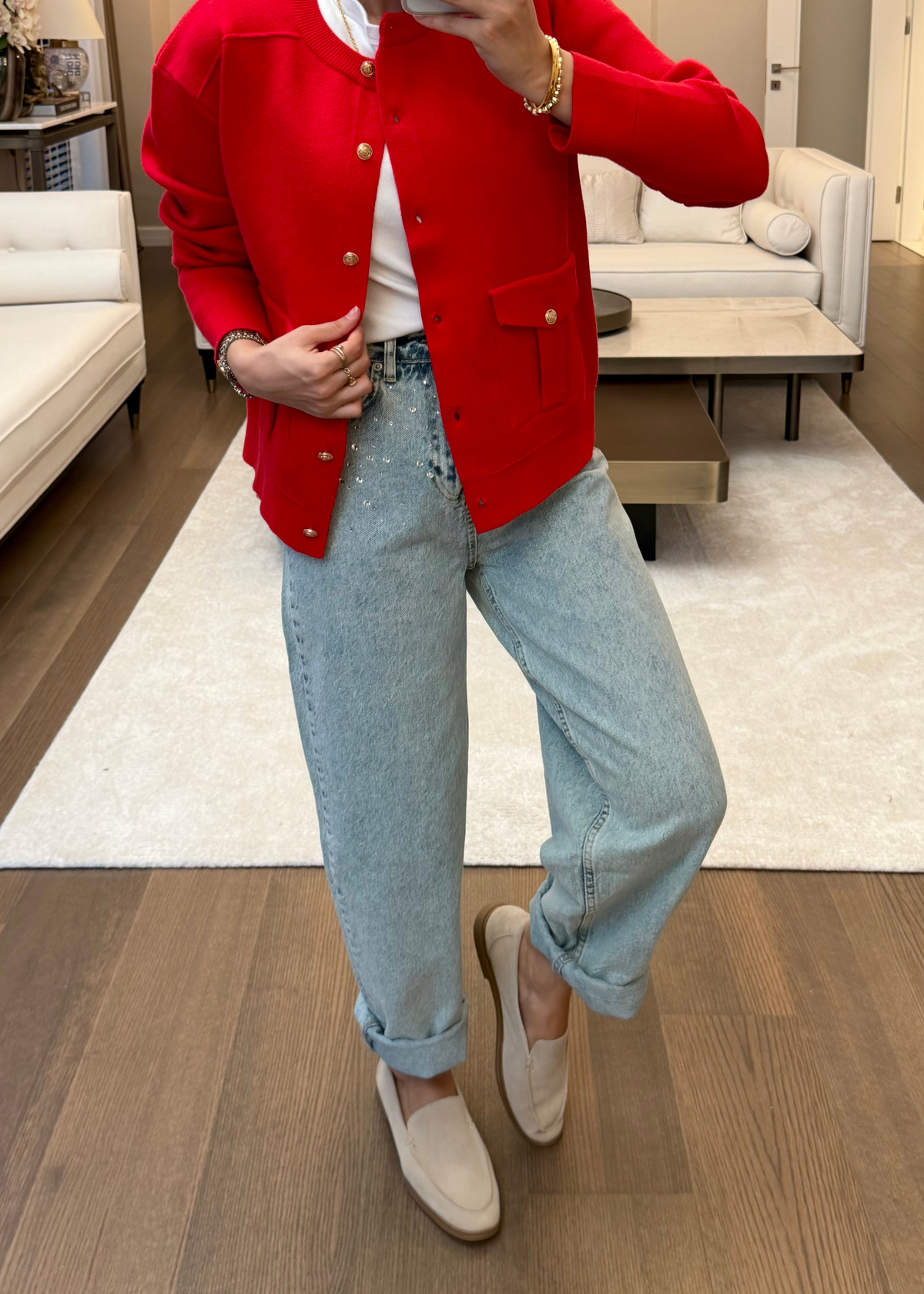 Taş Süslemeli Barrel Denim Pantolon