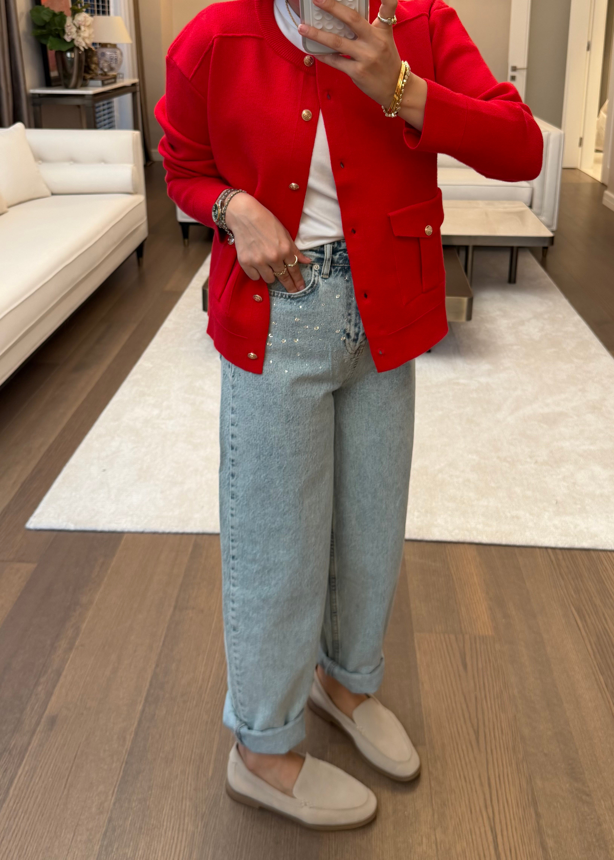 Taş Süslemeli Barrel Denim Pantolon