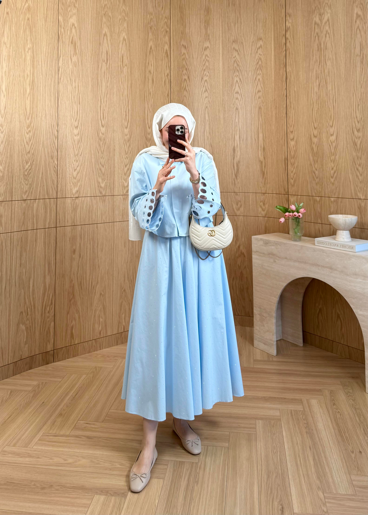 Taşlı Poplin Etek Mavi
