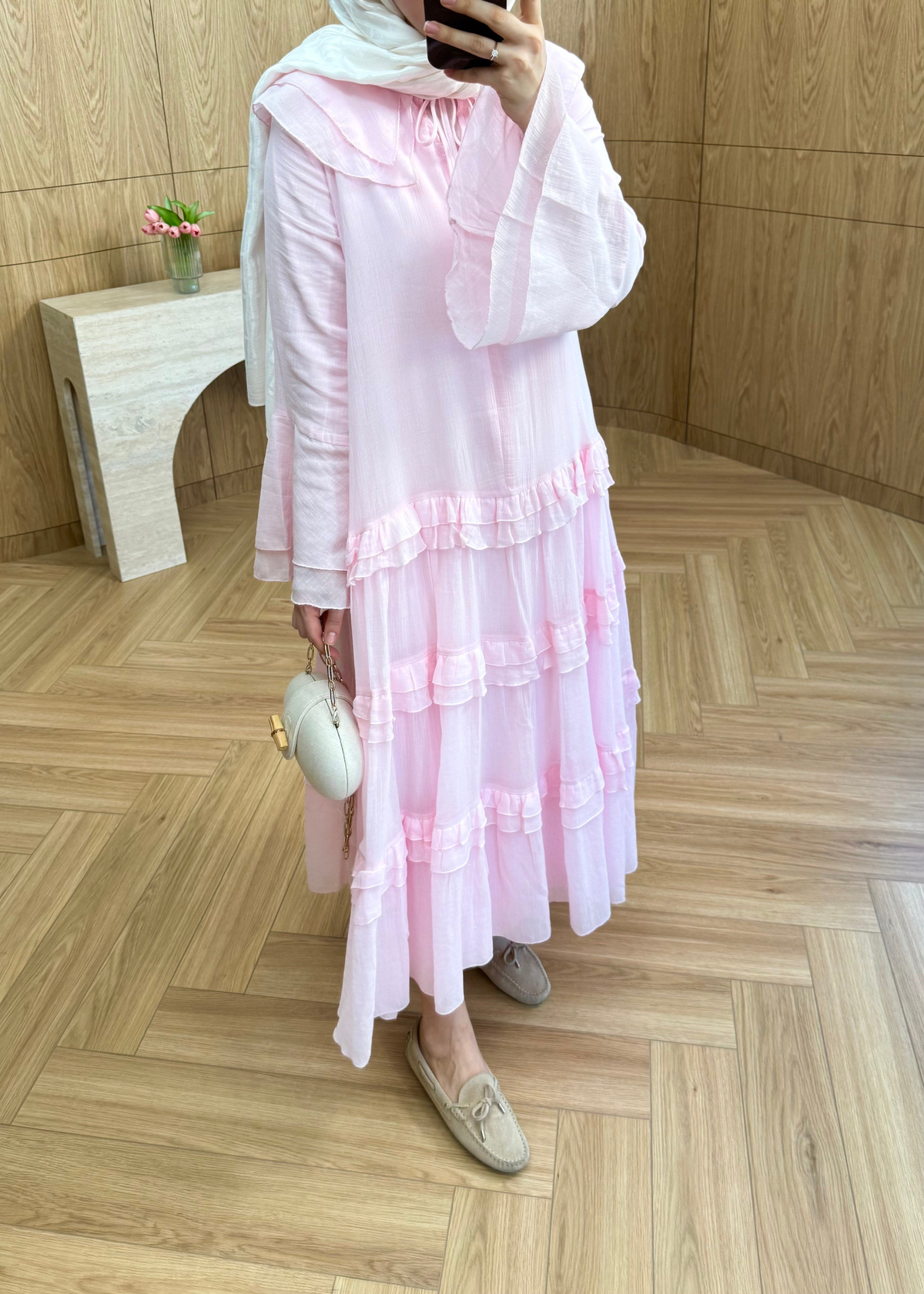 Yakalı Fırfırlı Müslin Elbise Pembe