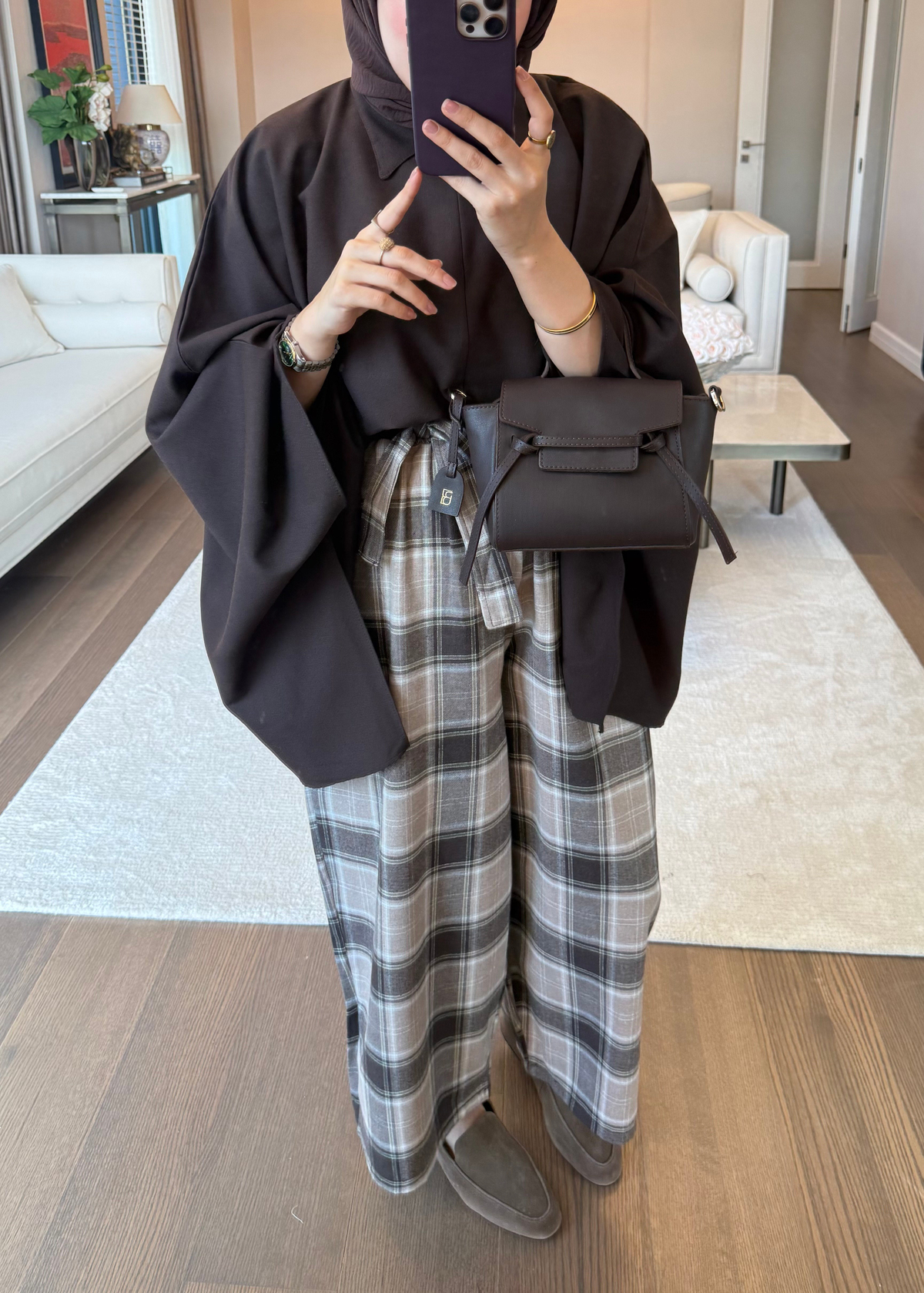 Yarım Fermuarlı Oversize Yarasa Bluz Kahverengi