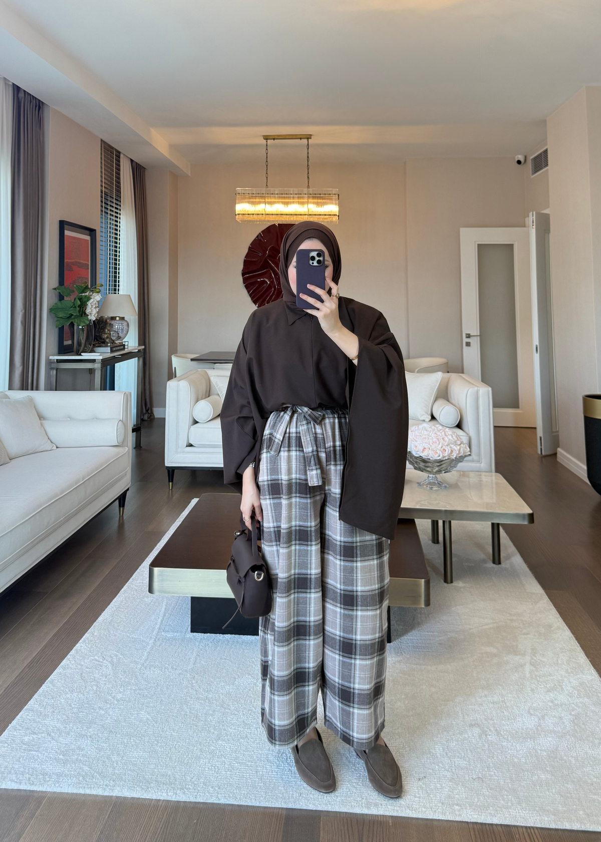 Yarım Fermuarlı Oversize Yarasa Bluz Kahverengi