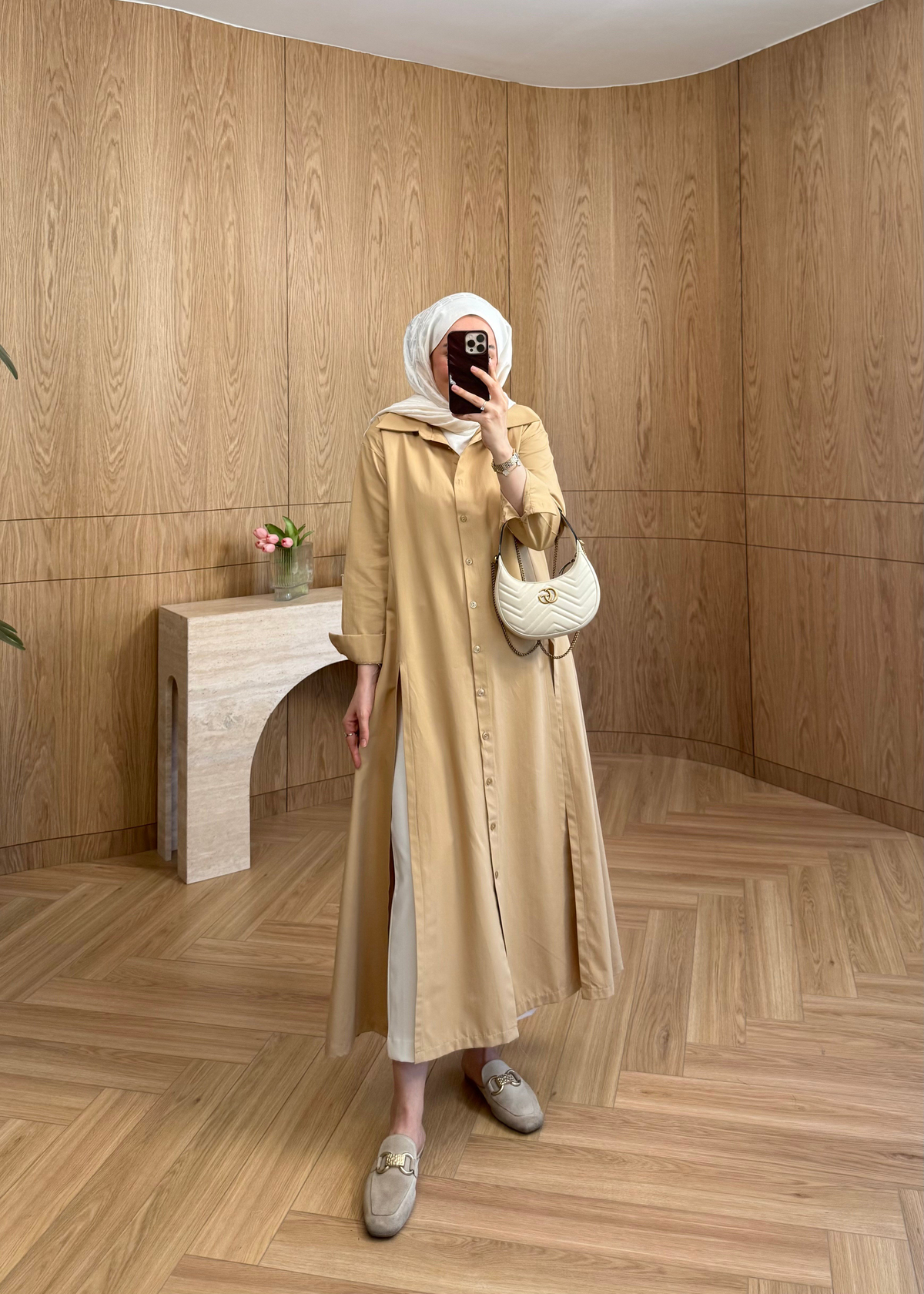 Yırtmaçlı Poplin Gömlek Camel 
