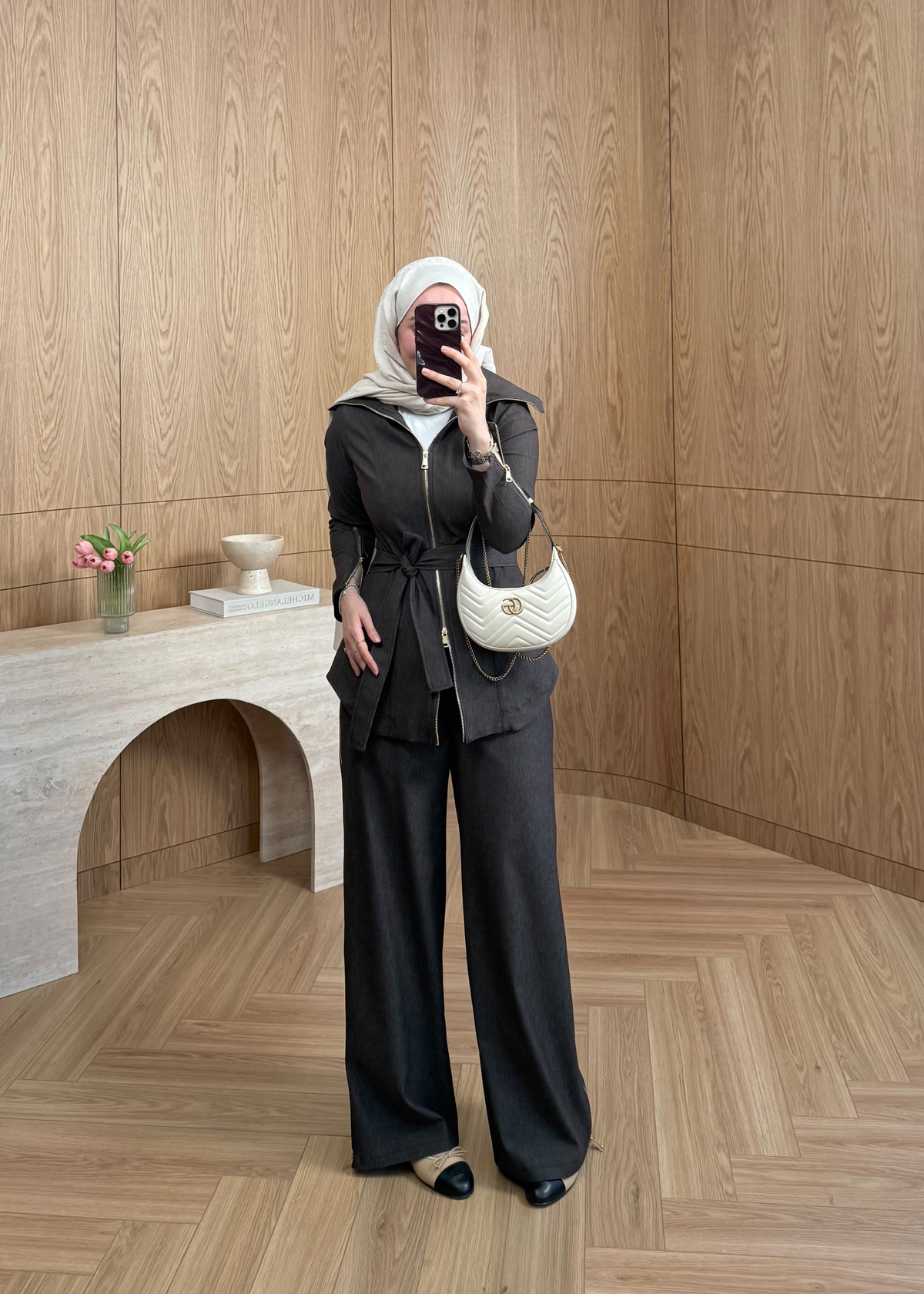 Zana Fermuarlı Denim Takım Kahverengi