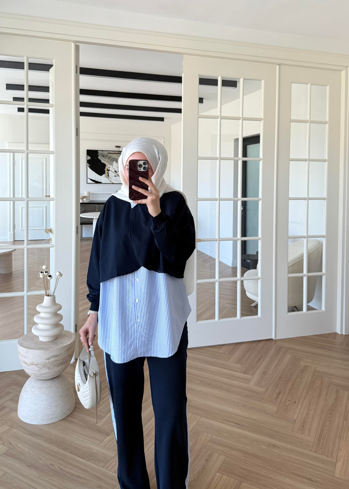  Pelerinli Çizgili Gömlek Takım Lacivert