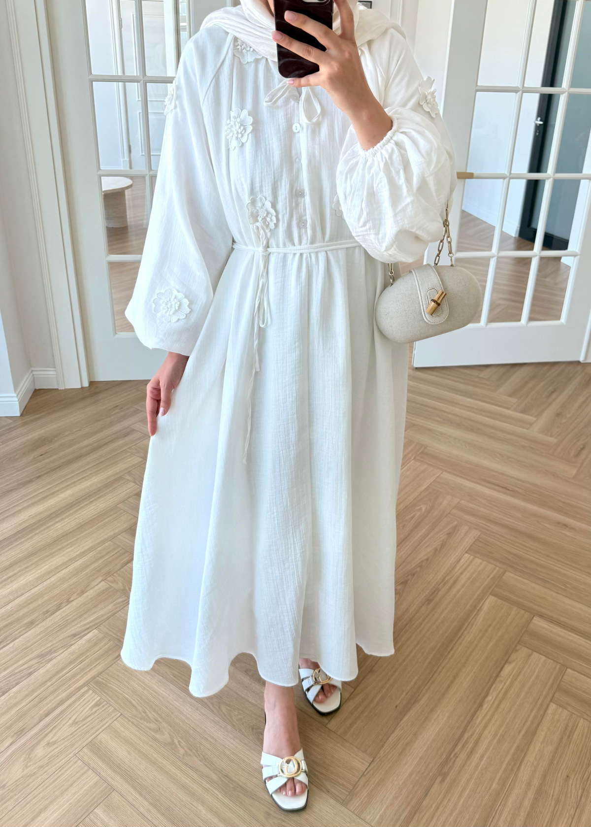 Aliza Çiçek İşlemeli Müslin Elbise Ekru