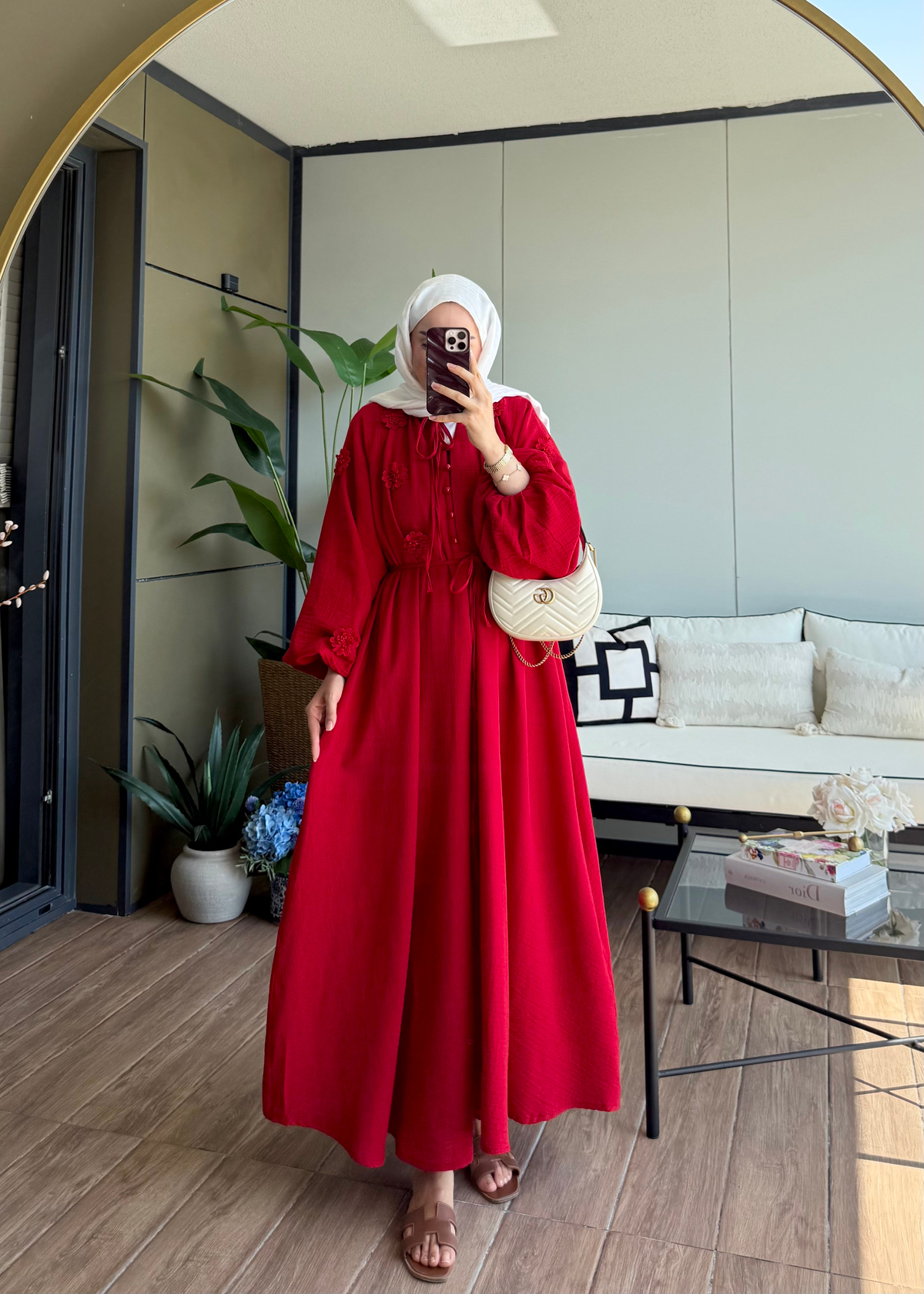 Aliza Çiçek İşlemeli Müslin Elbise Kırmızı