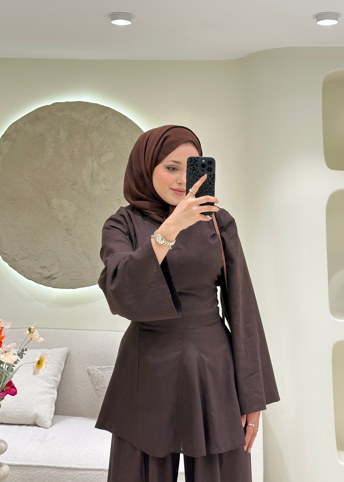 Alvena Bağlamalı Keten Takım Kahverengi 