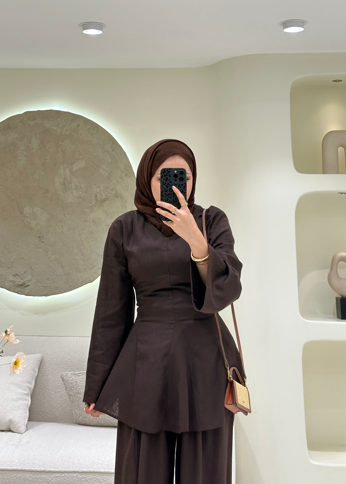 Alvena Bağlamalı Keten Takım Kahverengi 