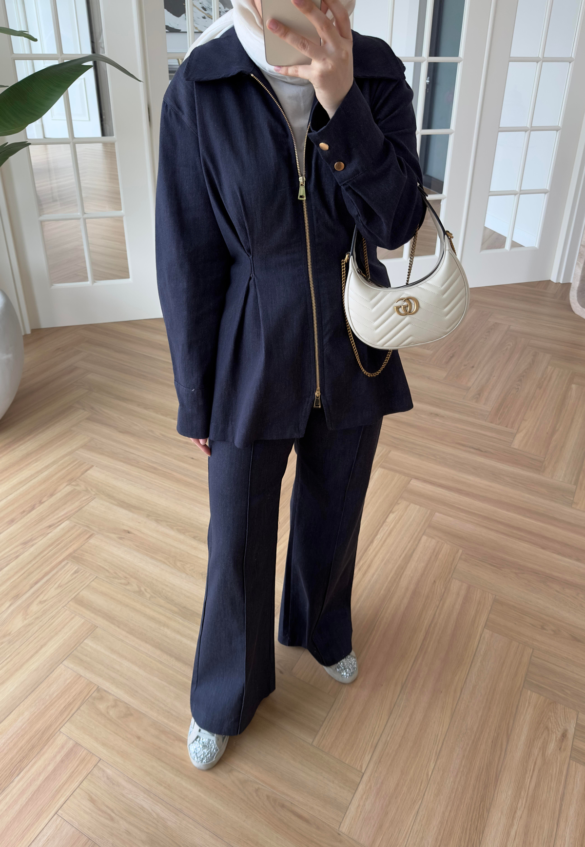 Alya Çift Fermuarlı Denim Takım Koyu Mavi